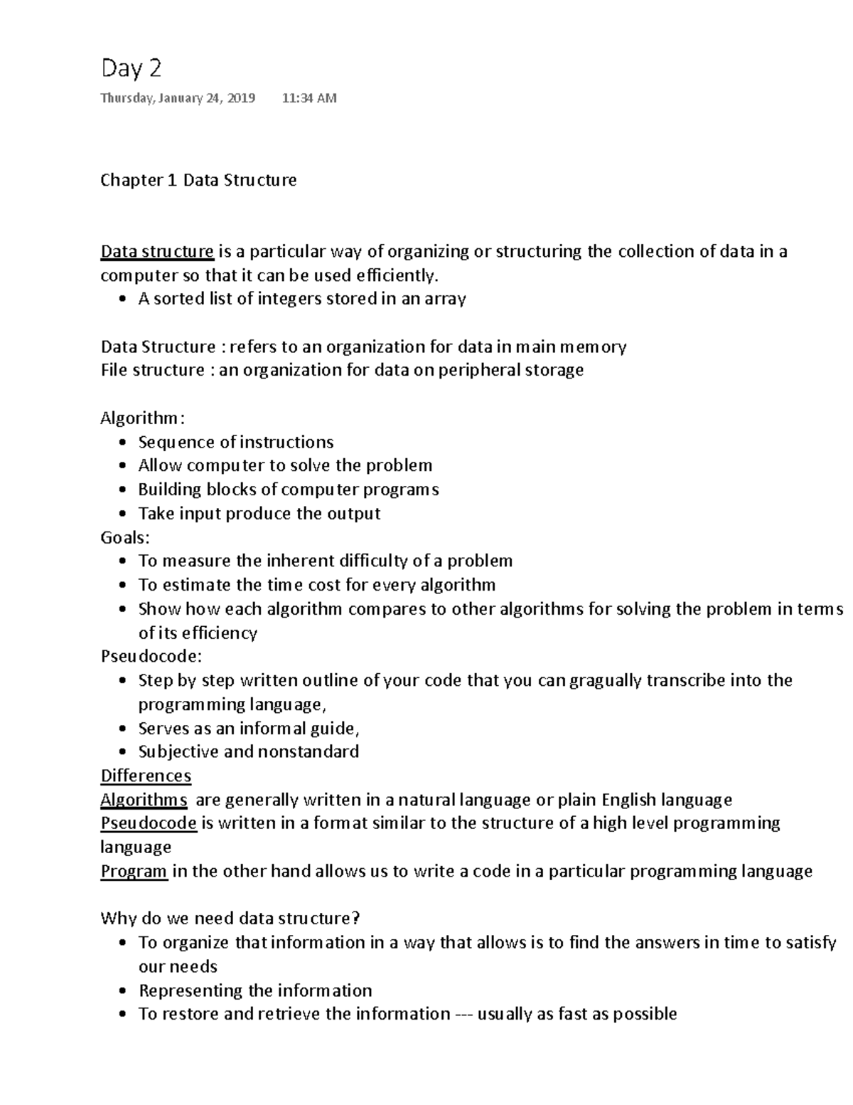 Day 2 Ds - Day 2 in class note - Day 2 Thursday, January 24, 2019 11:34 ...
