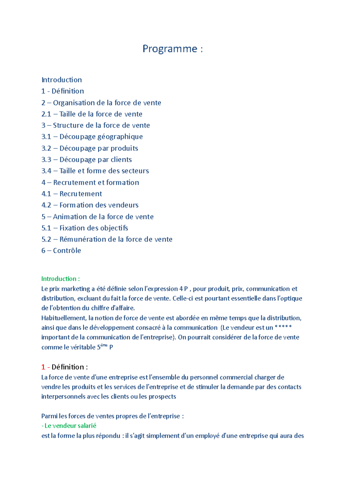 Gestion de la force de vente - Programme : Introduction 1 - Définition ...