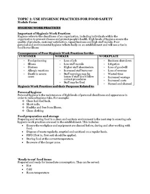 Hsc hospitality all topics study notes - SITXFSA001: Use Hygienic ...