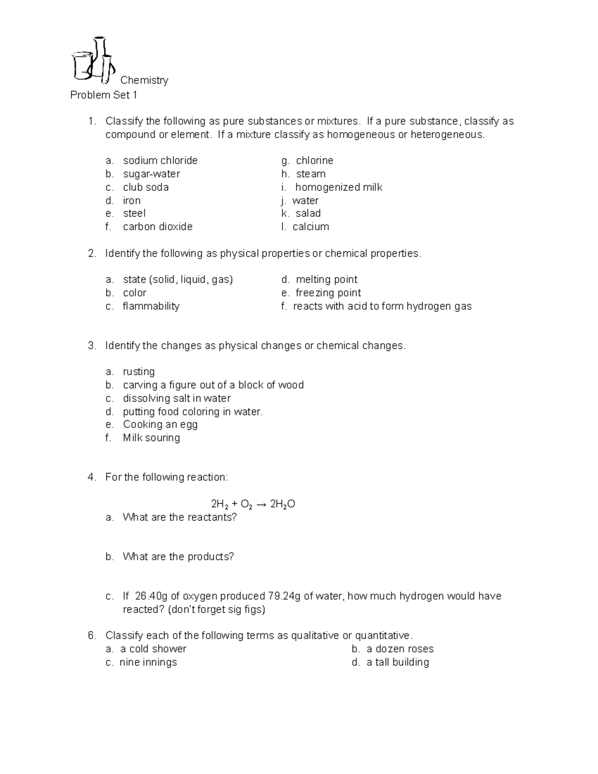 Problem Set 1 - Chemistry Problem Set 1 Classify The Following As Pure 