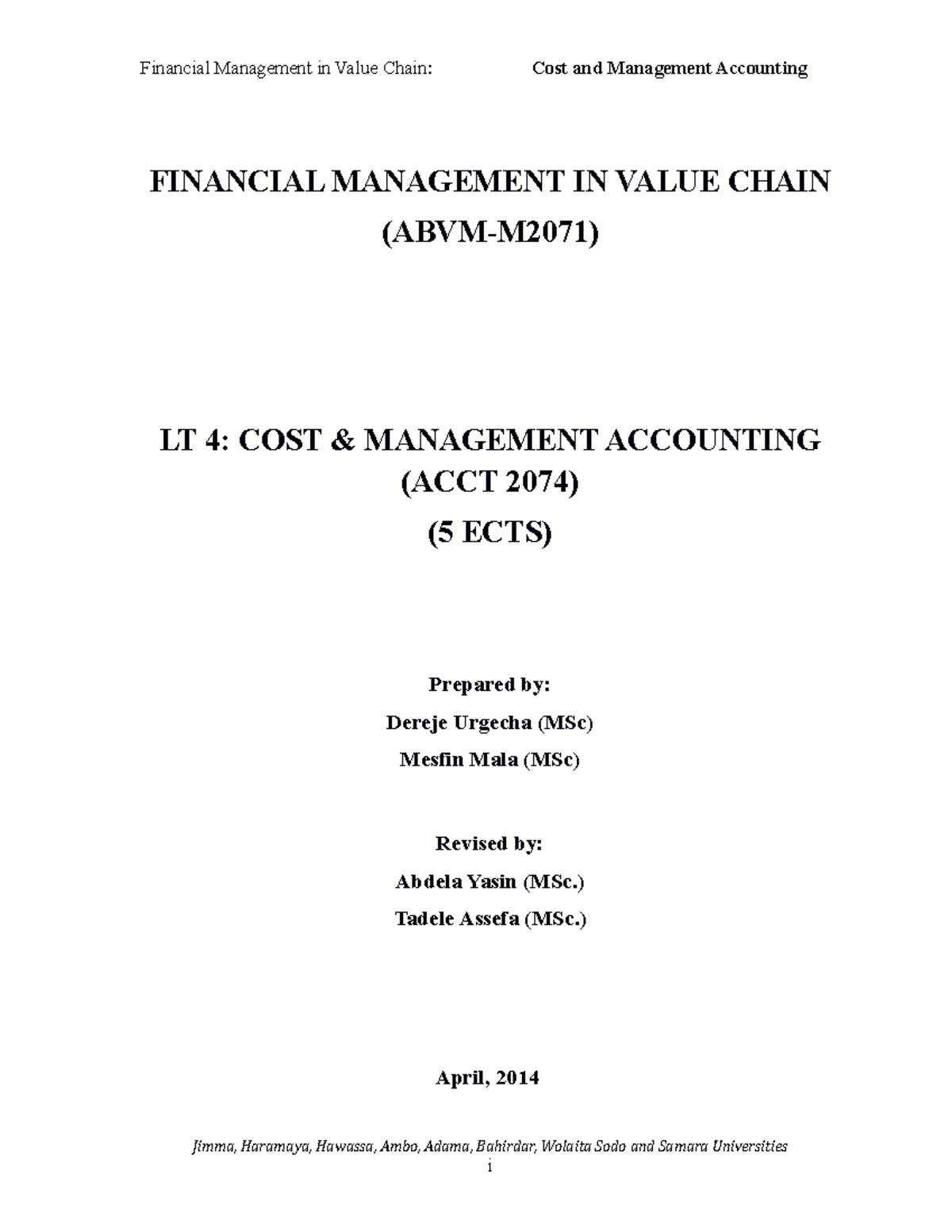 LT 4. Cost and Management Accounting FINANCIAL MANAGEMENT IN VALUE