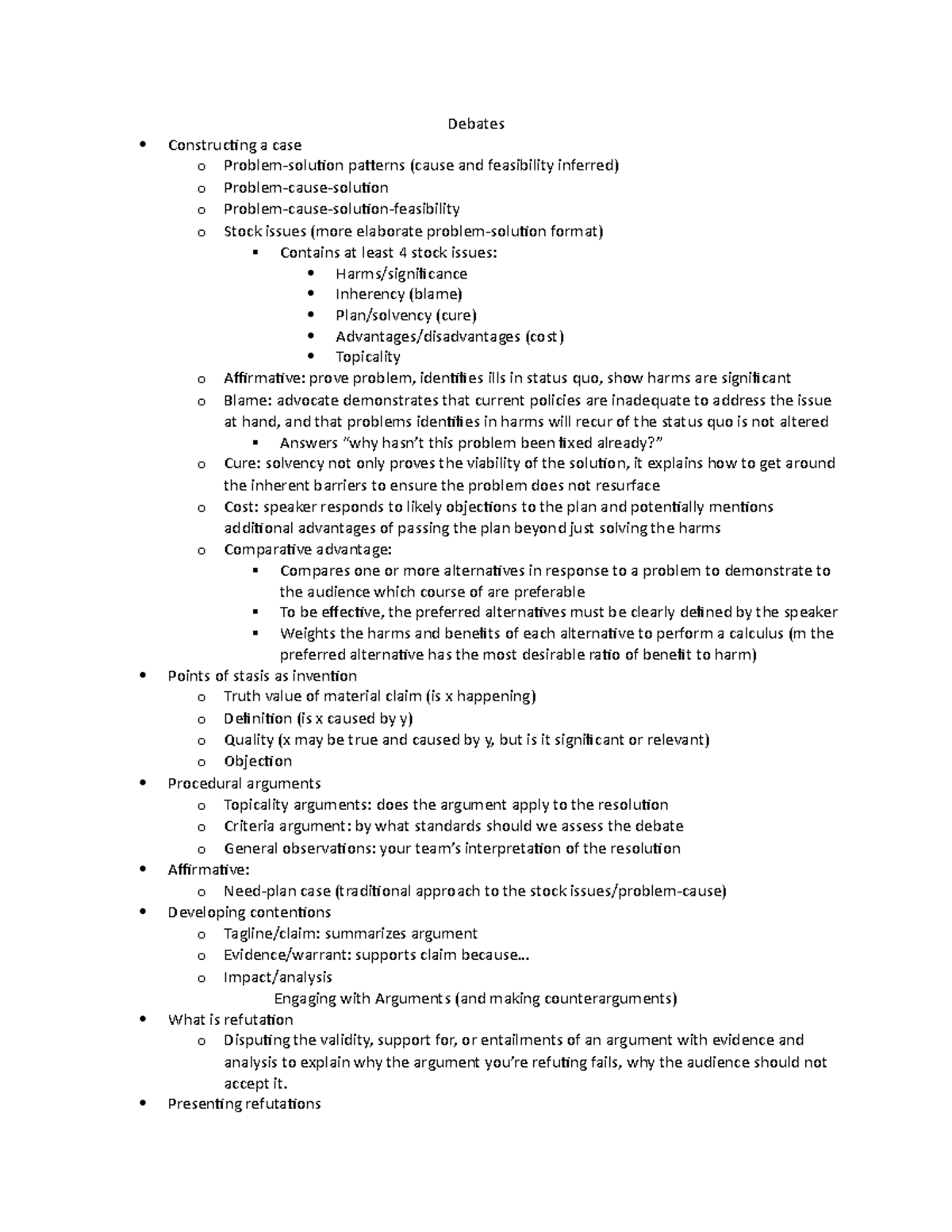 Debate-notes-Banister - Debates Constructing a case o patterns (cause ...