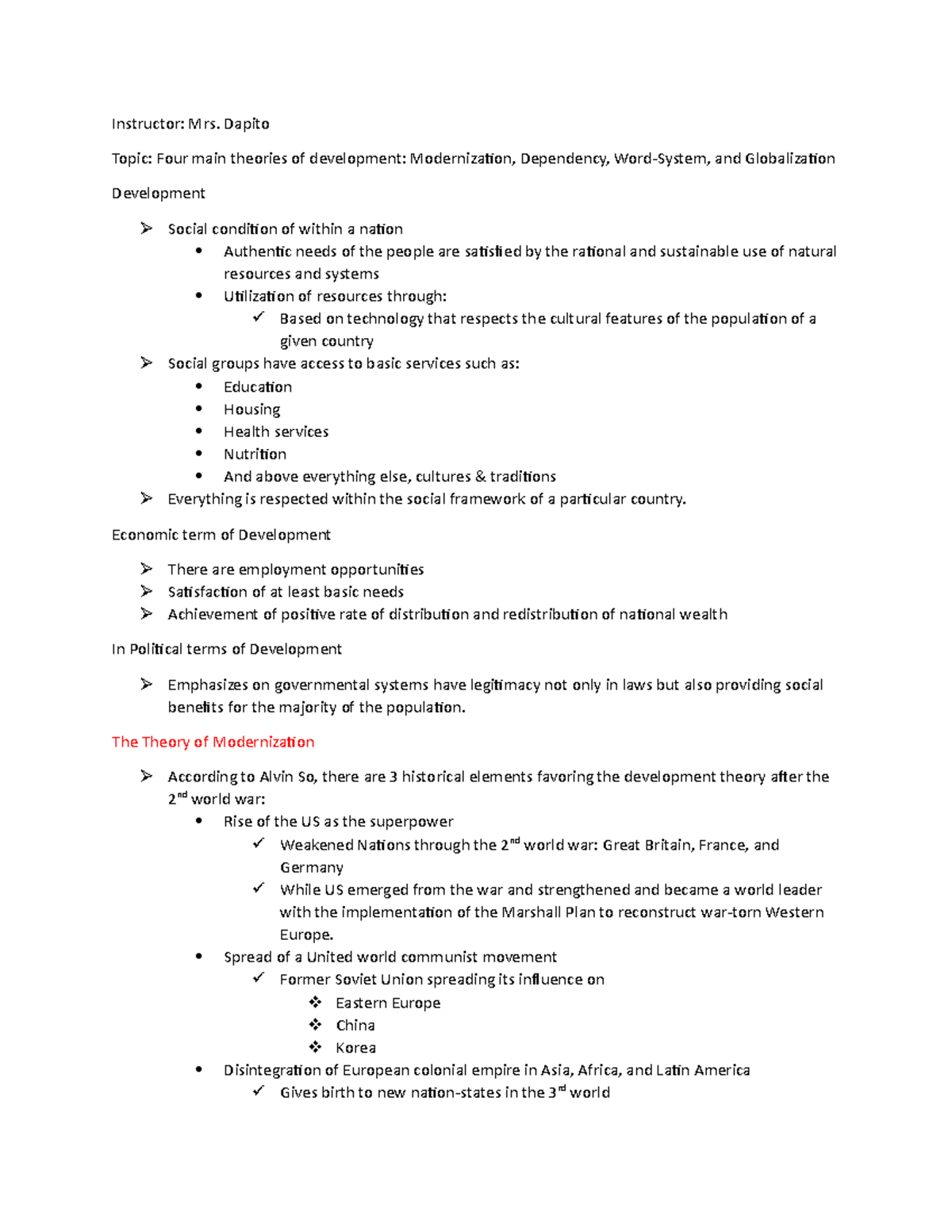 Four Main Theories Of Development Modernization, Dependency, Word 