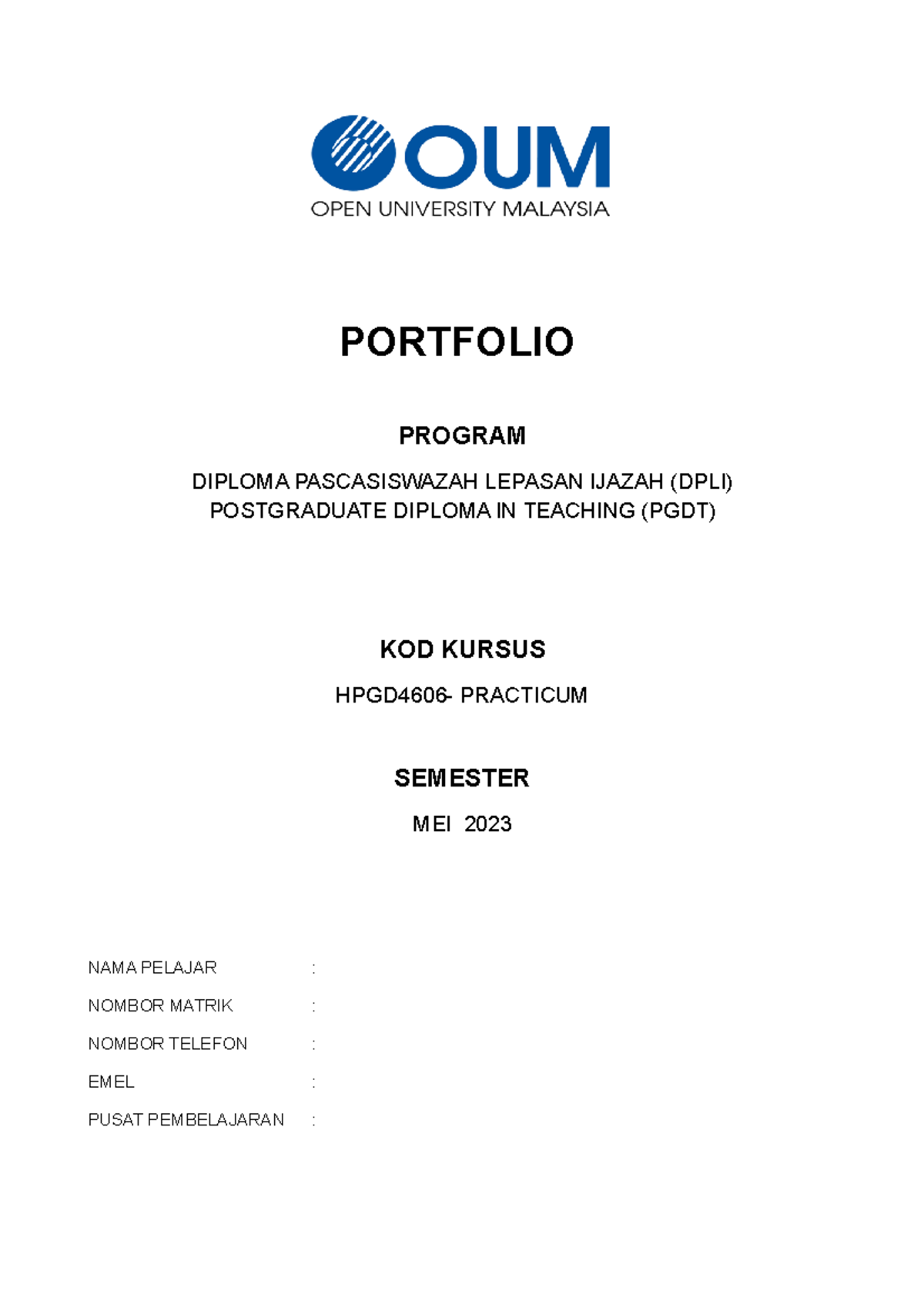 Cover Portfolio Senarai Semak - PORTFOLIO PROGRAM DIPLOMA PASCASISWAZAH ...