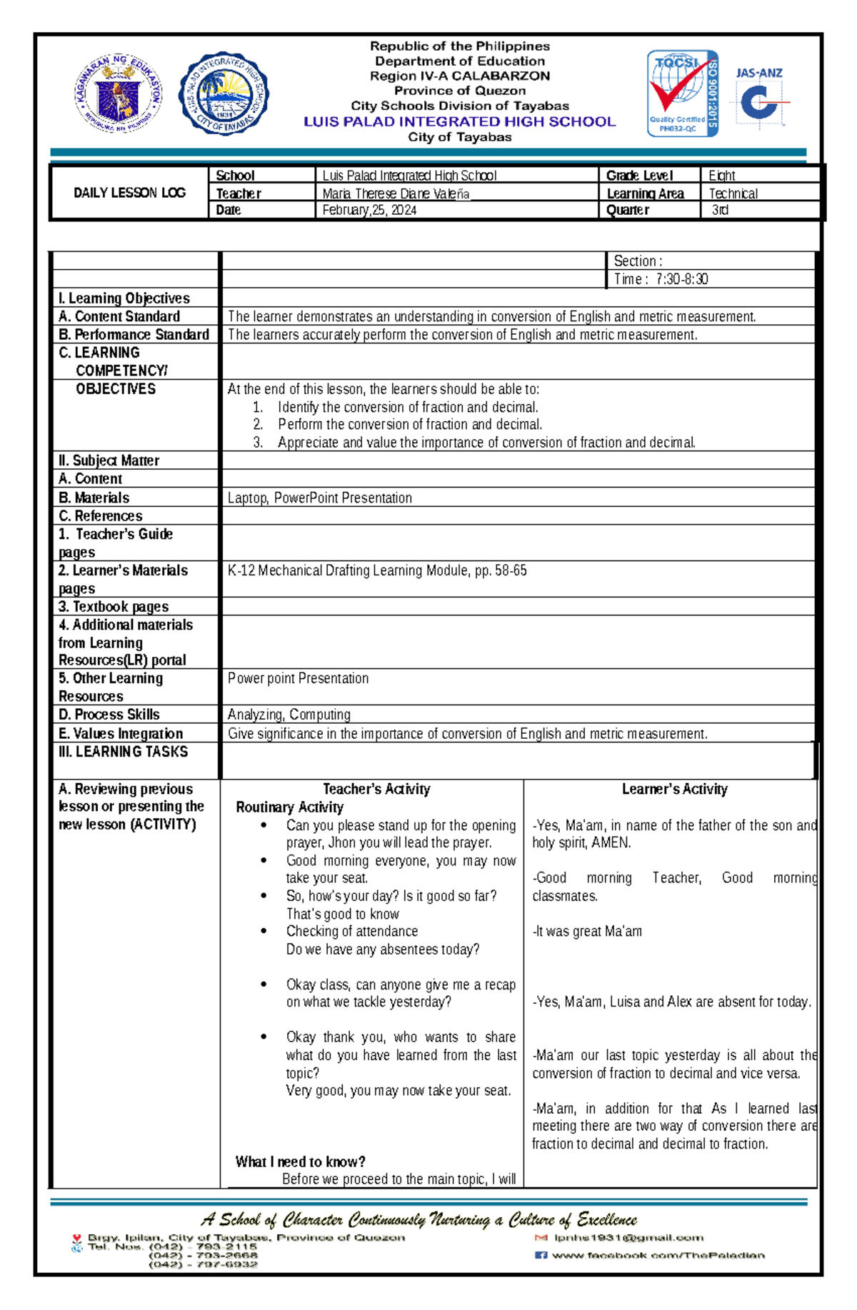 LP IN Convertion OF English AND Metric System - DAILY LESSON LOG School ...