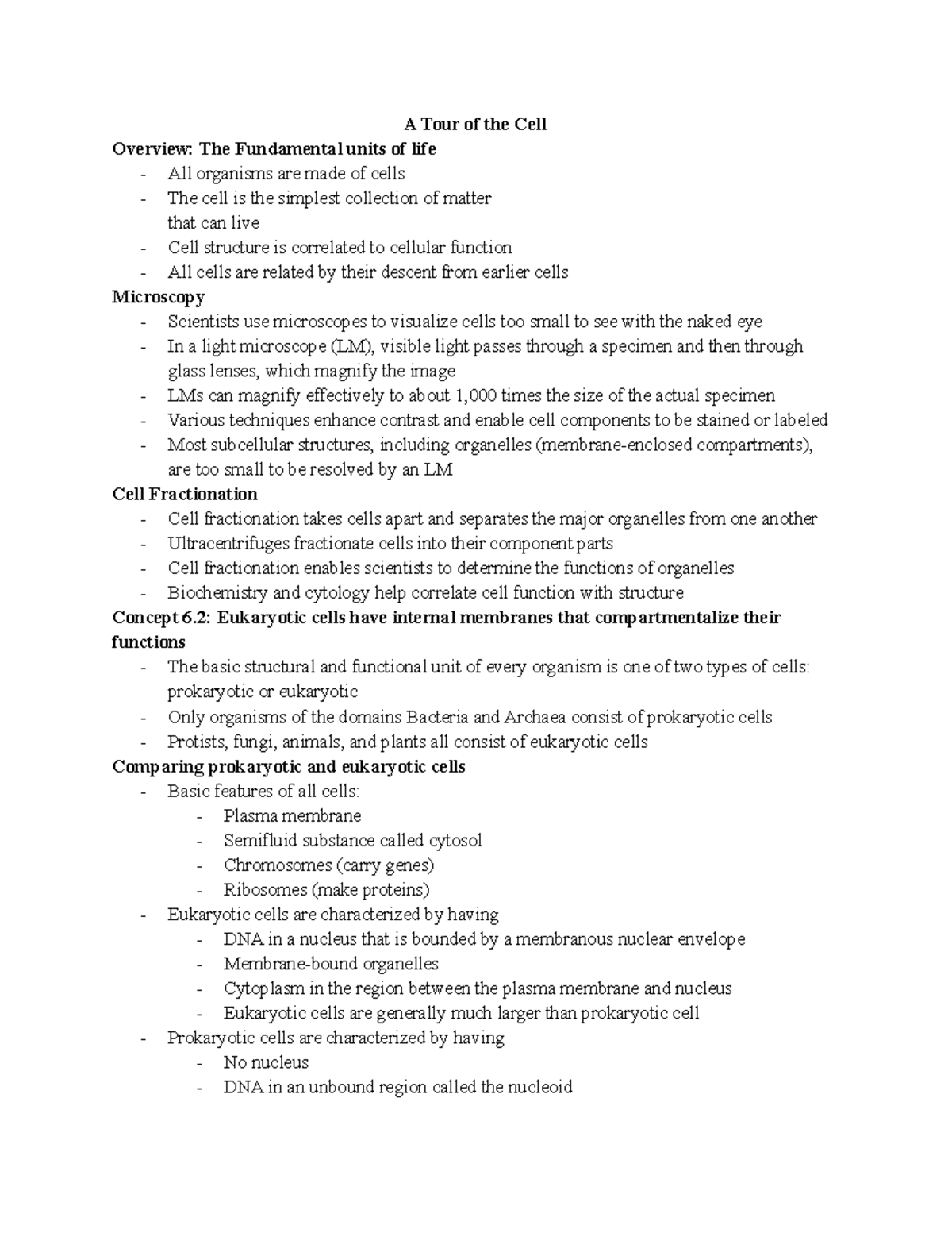 Bio 6.1 notes - A Tour of the Cell Overview: The Fundamental units of ...