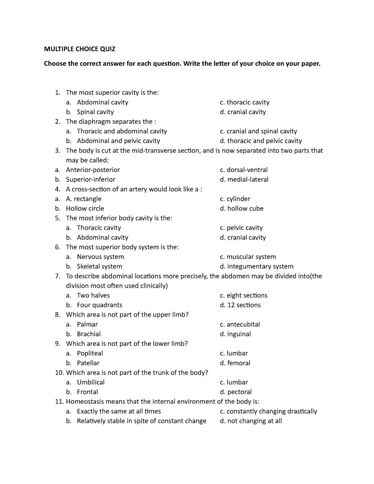 ANA QUIZ Introduction Of Anatomy - MULTIPLE CHOICE QUIZ Choose The ...