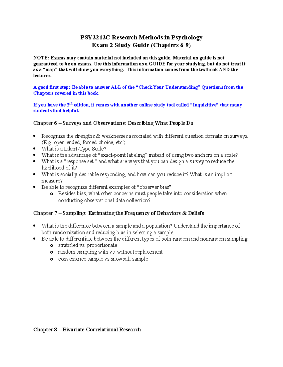 PSY3213C - Study Guide For Exam 2 - Ch 6-9 - PSY3213C Research Methods ...