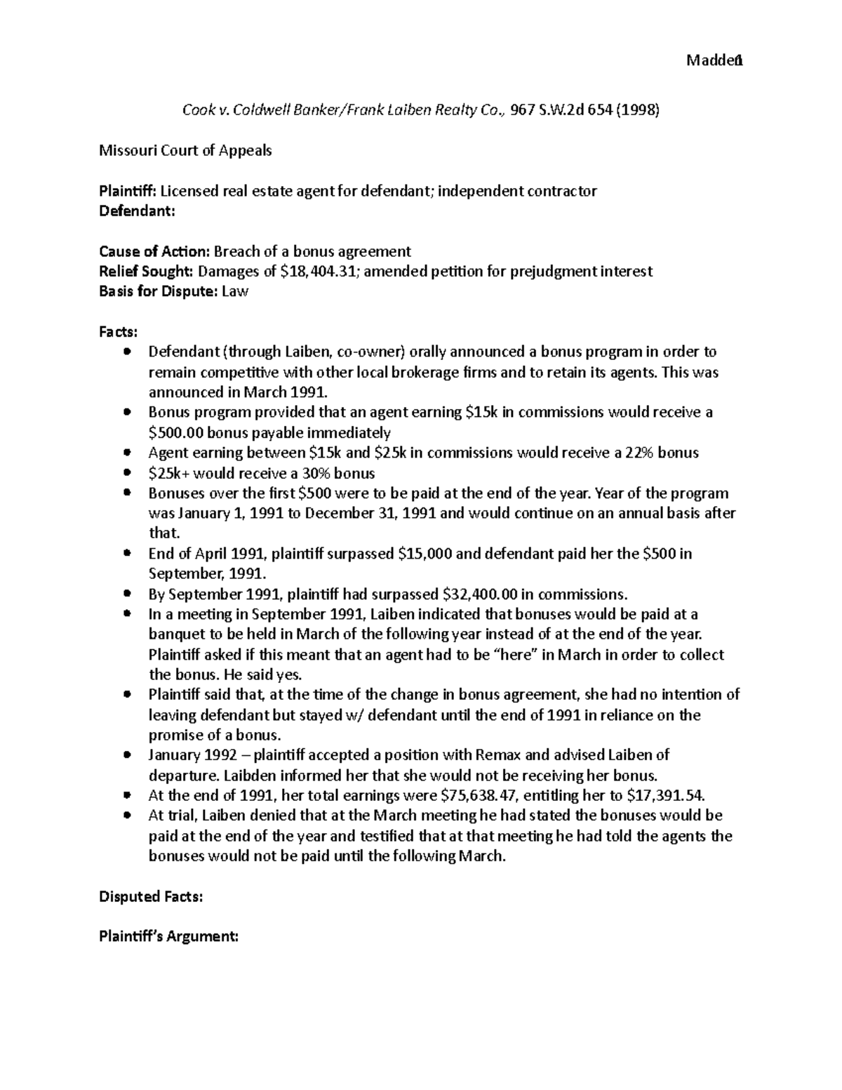 Brief Cook v. Caldwell Madden 1 Cook v. Coldwell Laiben Realty Co