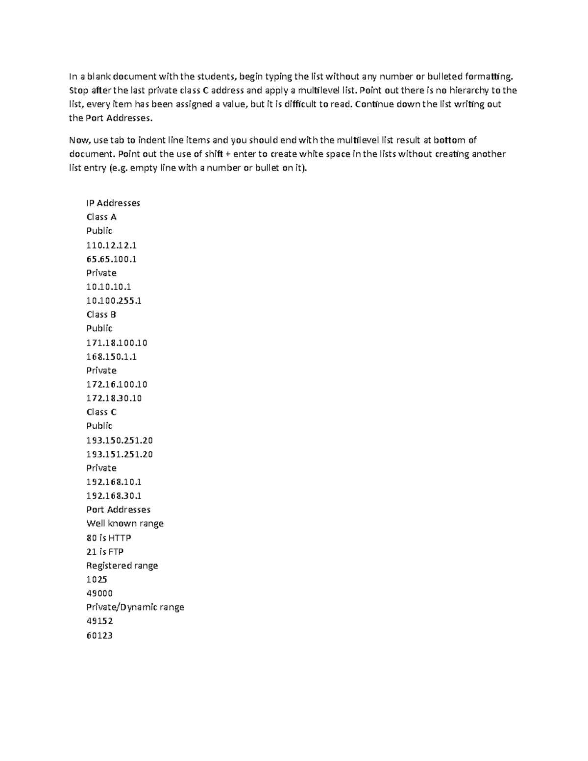 Multilevel List Student Version - In a blank document with the students ...