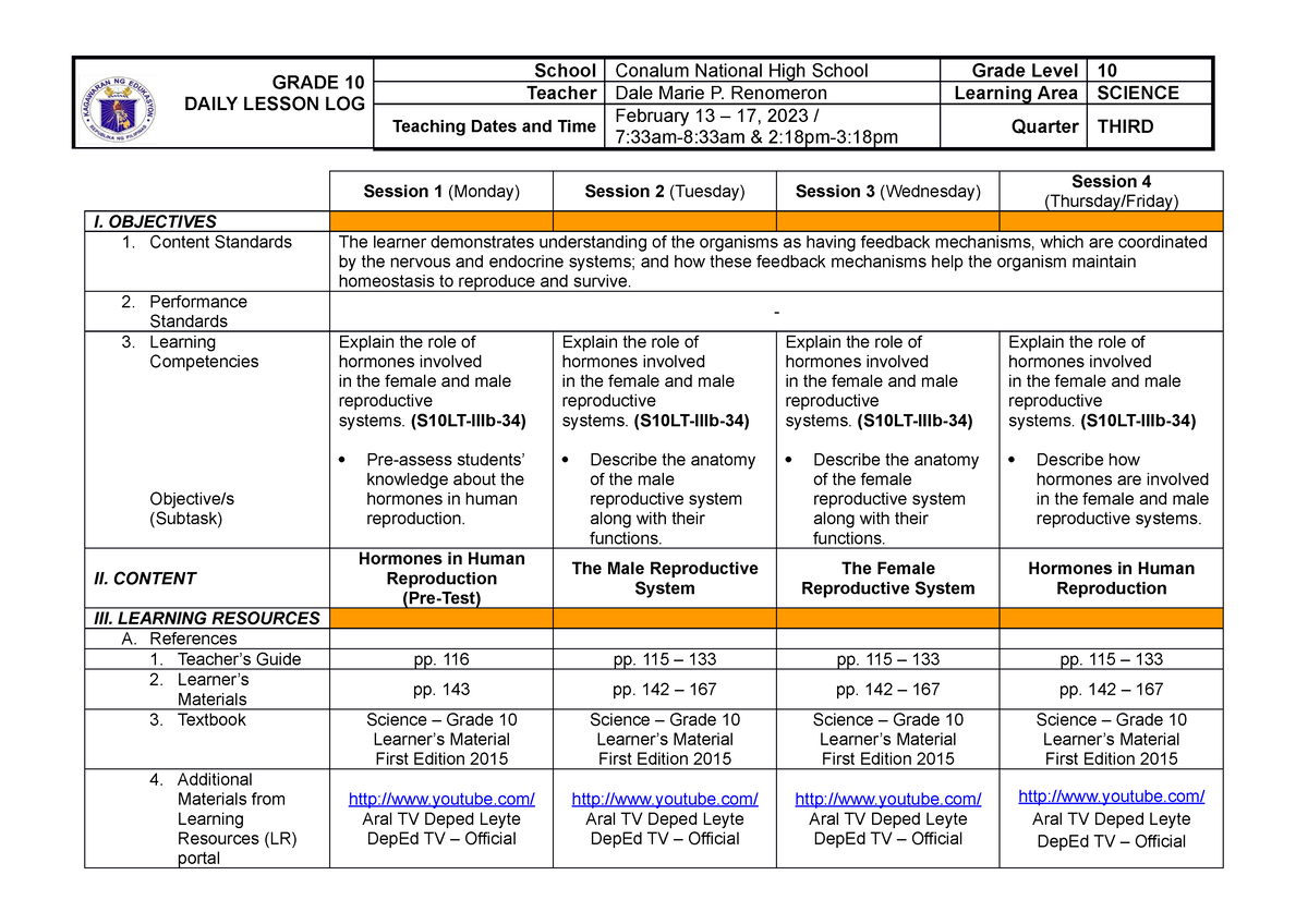 G10 Dale Dll Q3 Week 1 Lesson Grade 10 Daily Lesson Log School