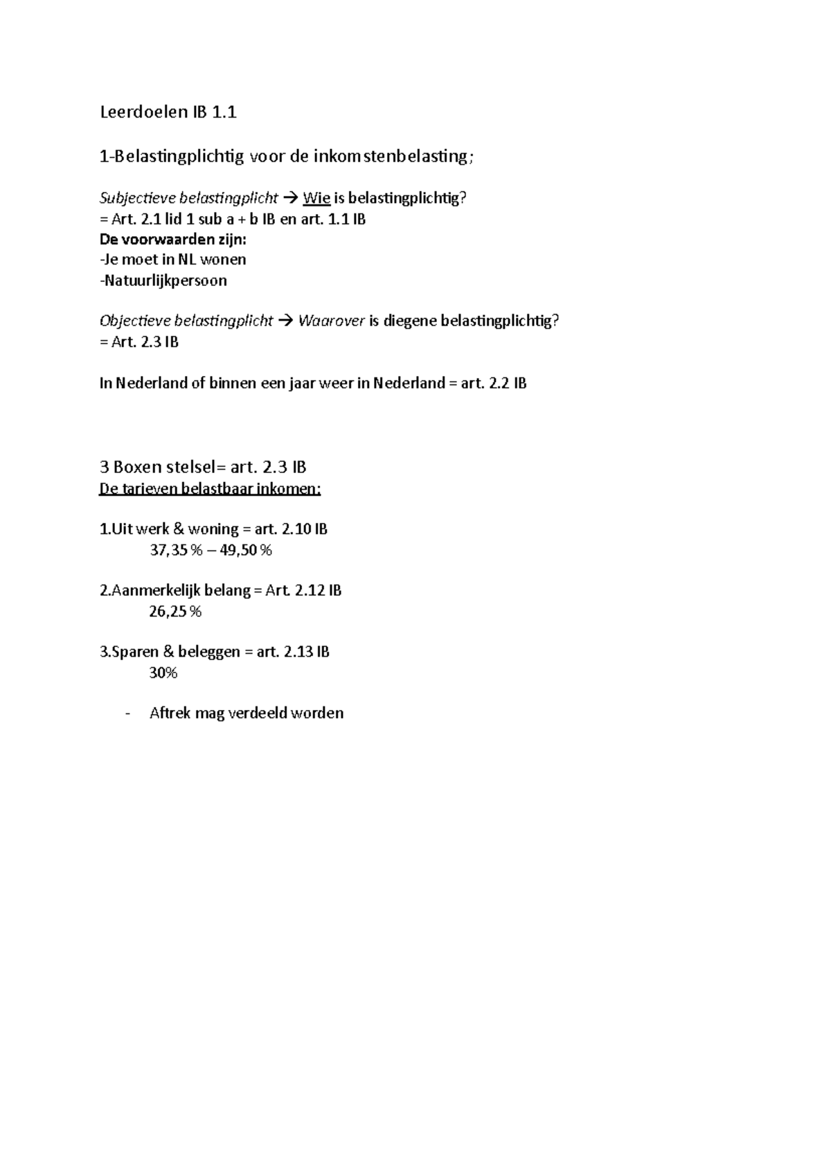 Samenvatting IB 1.1 - Leerdoelen IB 1. 1-Belastingplichtig Voor De ...