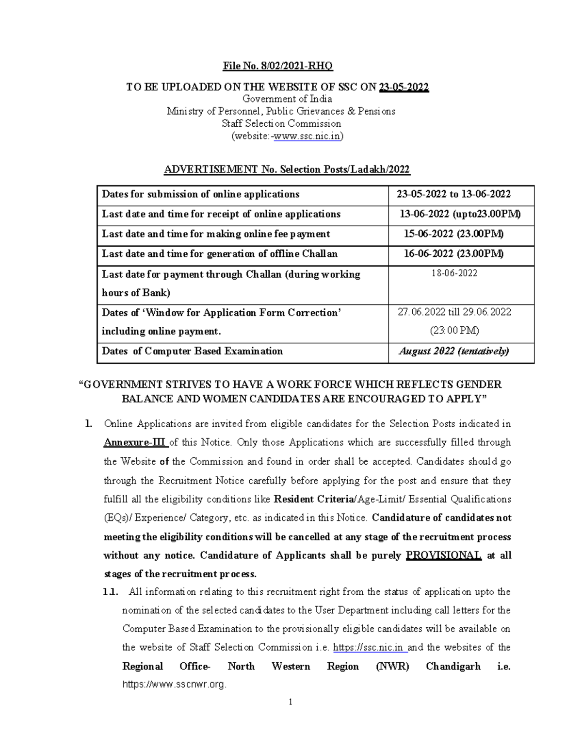 SSC Selection Post Special Recruitment Drive 2022 for UT of Ladakh 2 ...