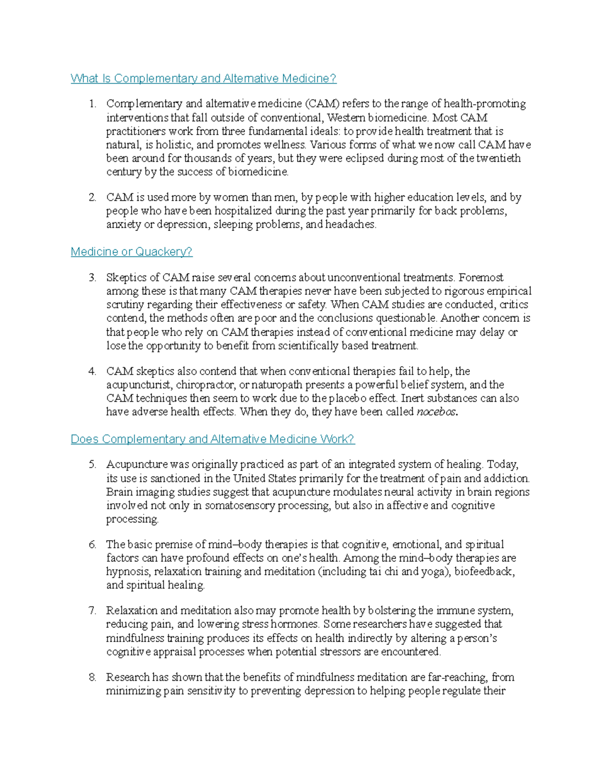 Chapter 15 Summary What Is Complementary and Alternative Medicine? Complementary and
