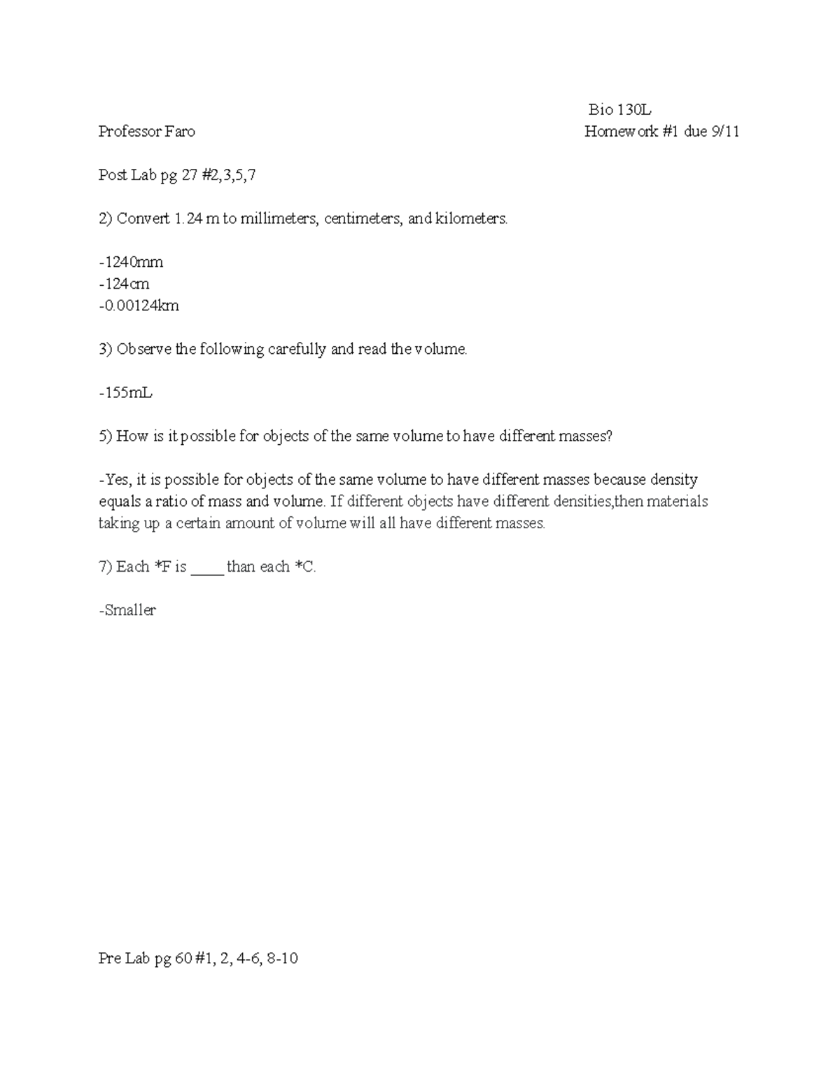 Bio 130L Homework #1 - Post Lab pg 27 #2,3,5,7 - Bio 130L Professor ...