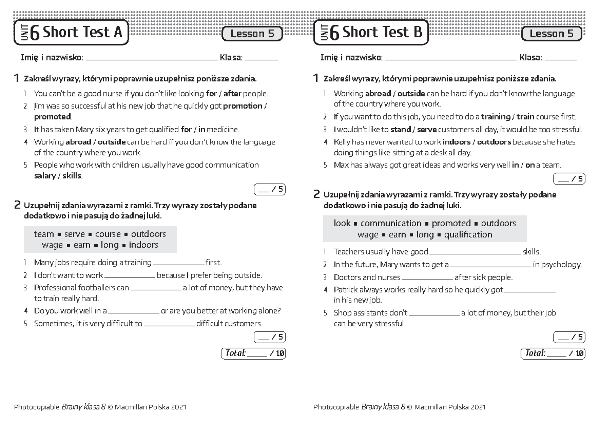 Brainy Kl8 Short Tests Unit 6 Lesson 5 - UNIT 6 Short Test A UNIT 6 ...