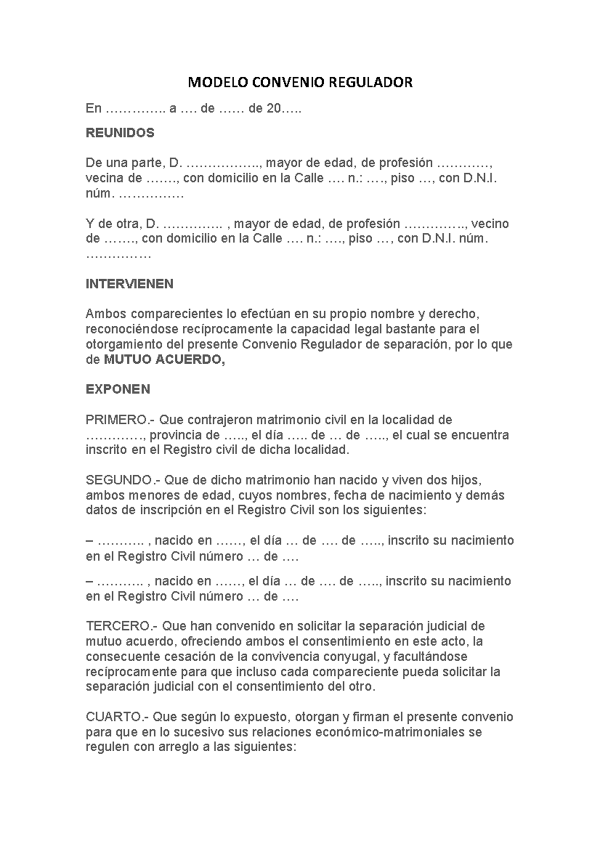 Modelo Convenio Regulador MODELO CONVENIO REGULADOR En........... a. de... de 20