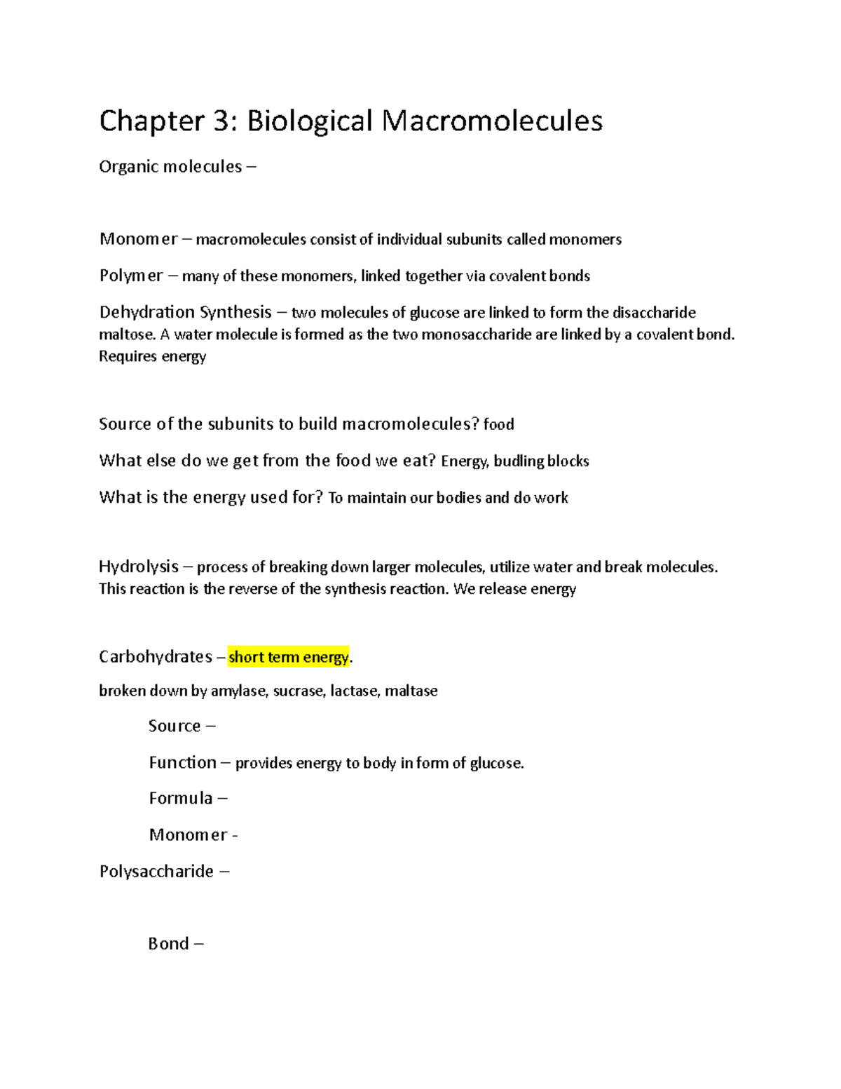 Biological Macromolecules Notes - Chapter 3: Biological Macromolecules ...