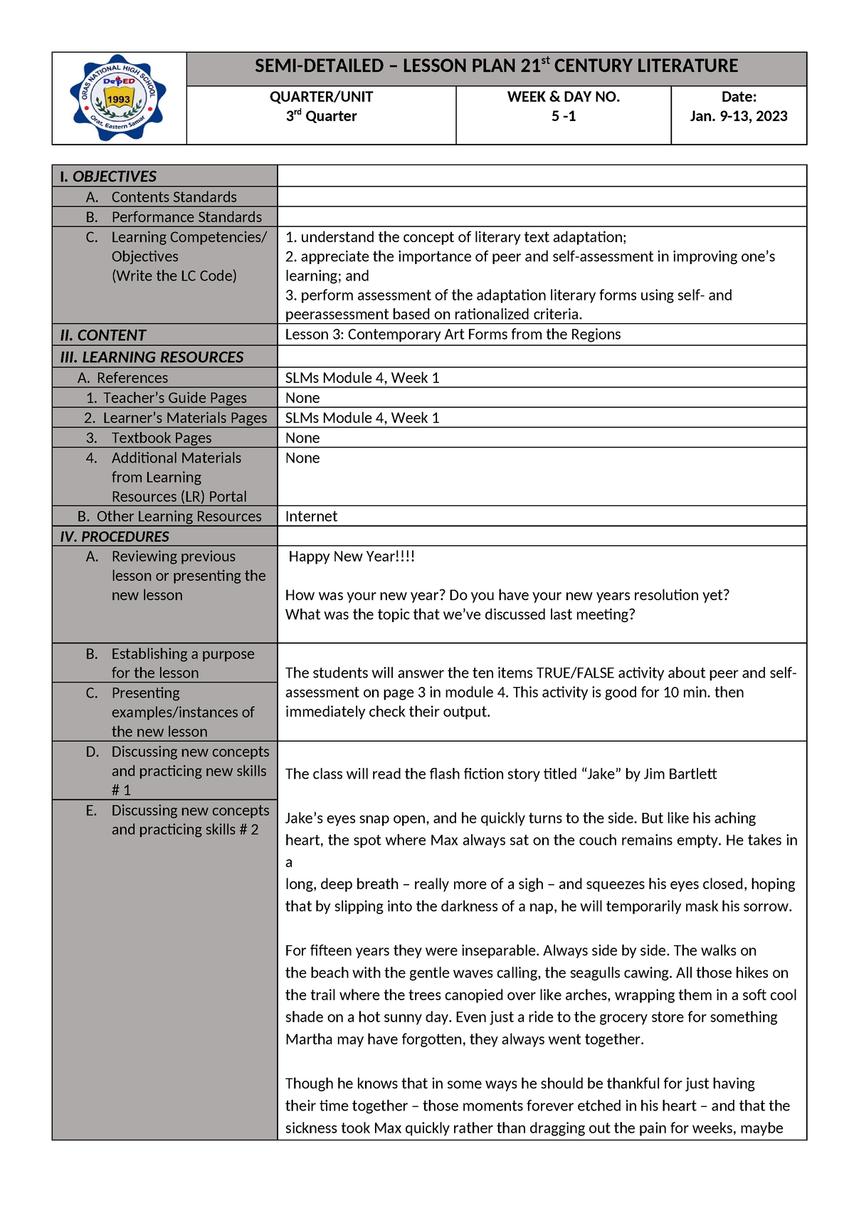 Dll 21st cent. jessa 21ST CENTURY LESSON PLAN - SEMI-DETAILED – LESSON ...