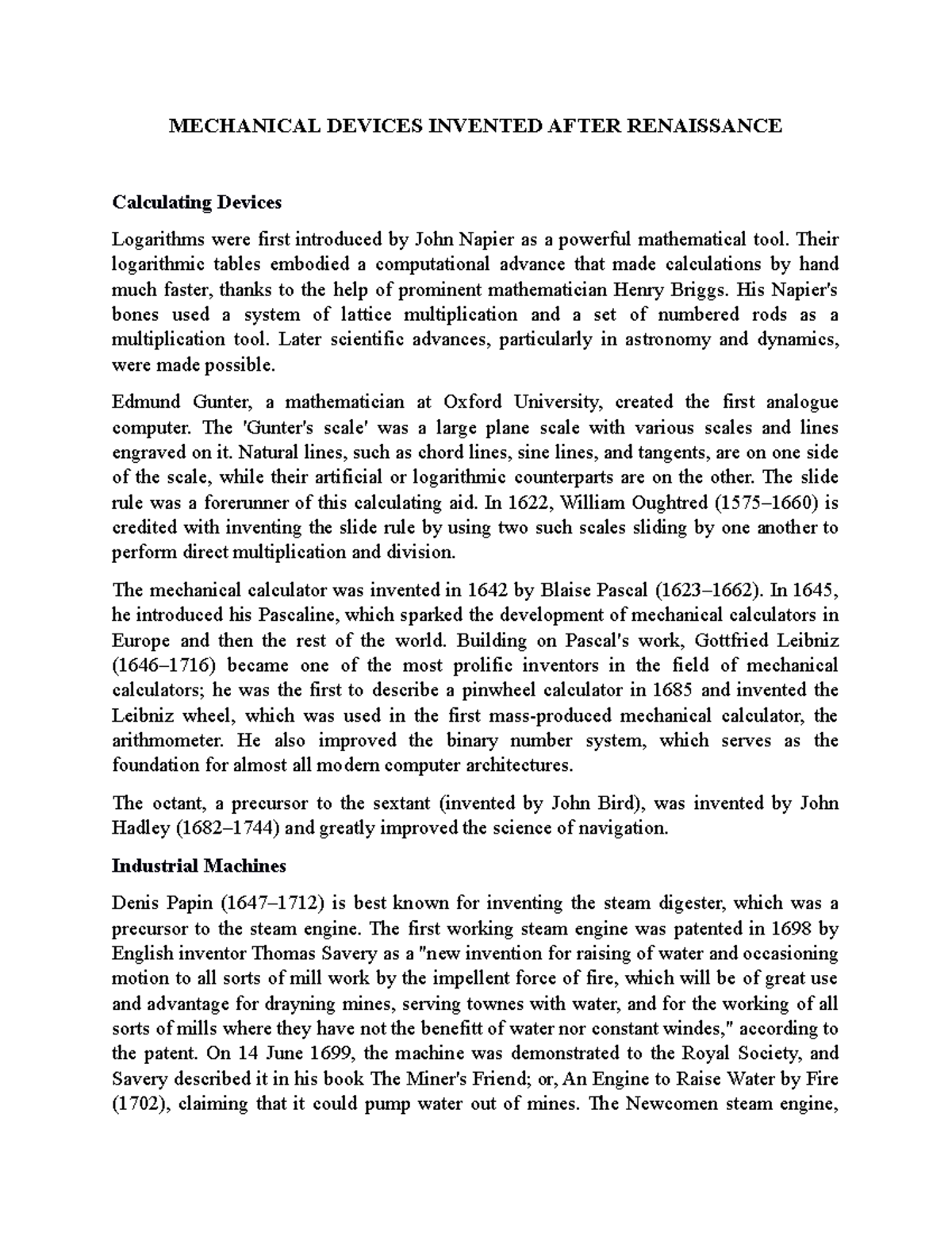 Mechanical Devices Invented After Renaissance MECHANICAL DEVICES