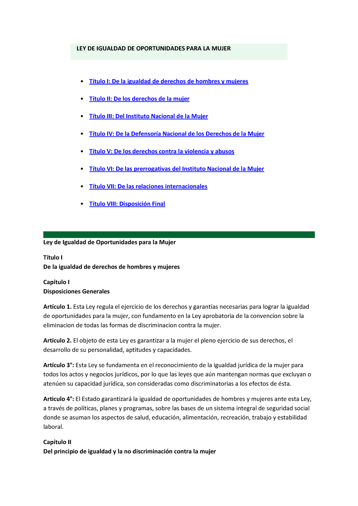 Ley De Igualdad De Oportunidades Para La Mujer Ley De Igualdad De