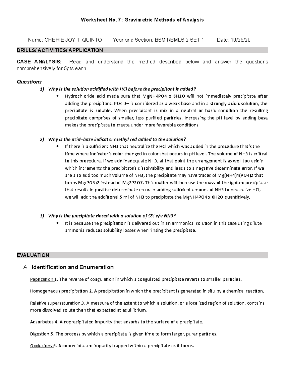 Quinto, Worksheet No.7 Anal Chem (lecture) - Worksheet No. 7 ...