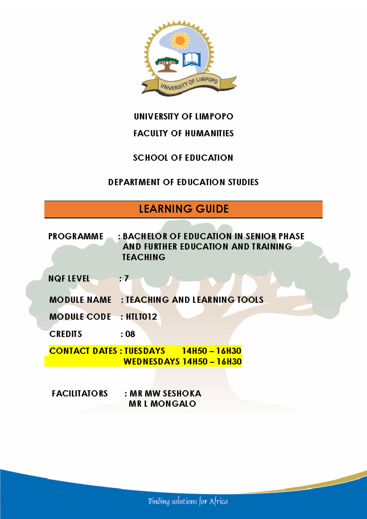 HTLT012 Learning Guide UNIT 1 - UNIVERSITY OF LIMPOPO FACULTY OF ...