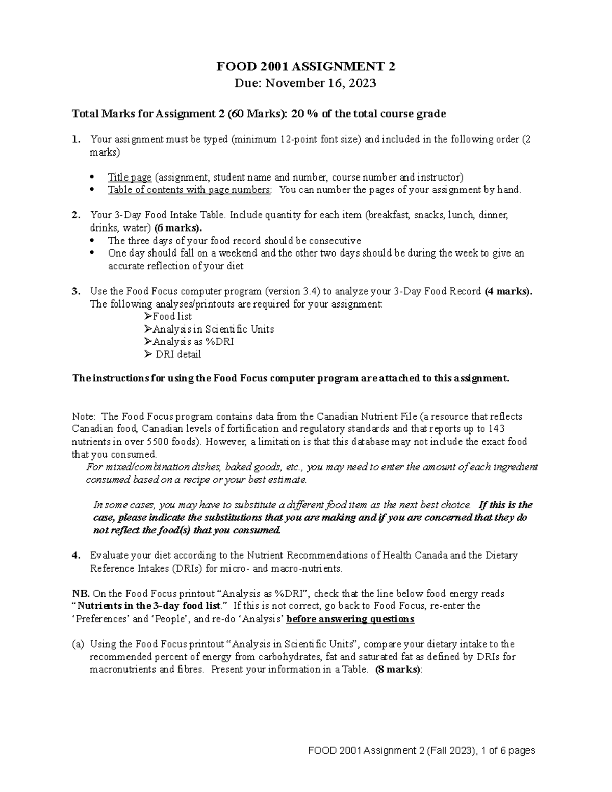 Food 2001 Assignment - FOOD 2001 ASSIGNMENT 2 Due: November 16, 2023 ...
