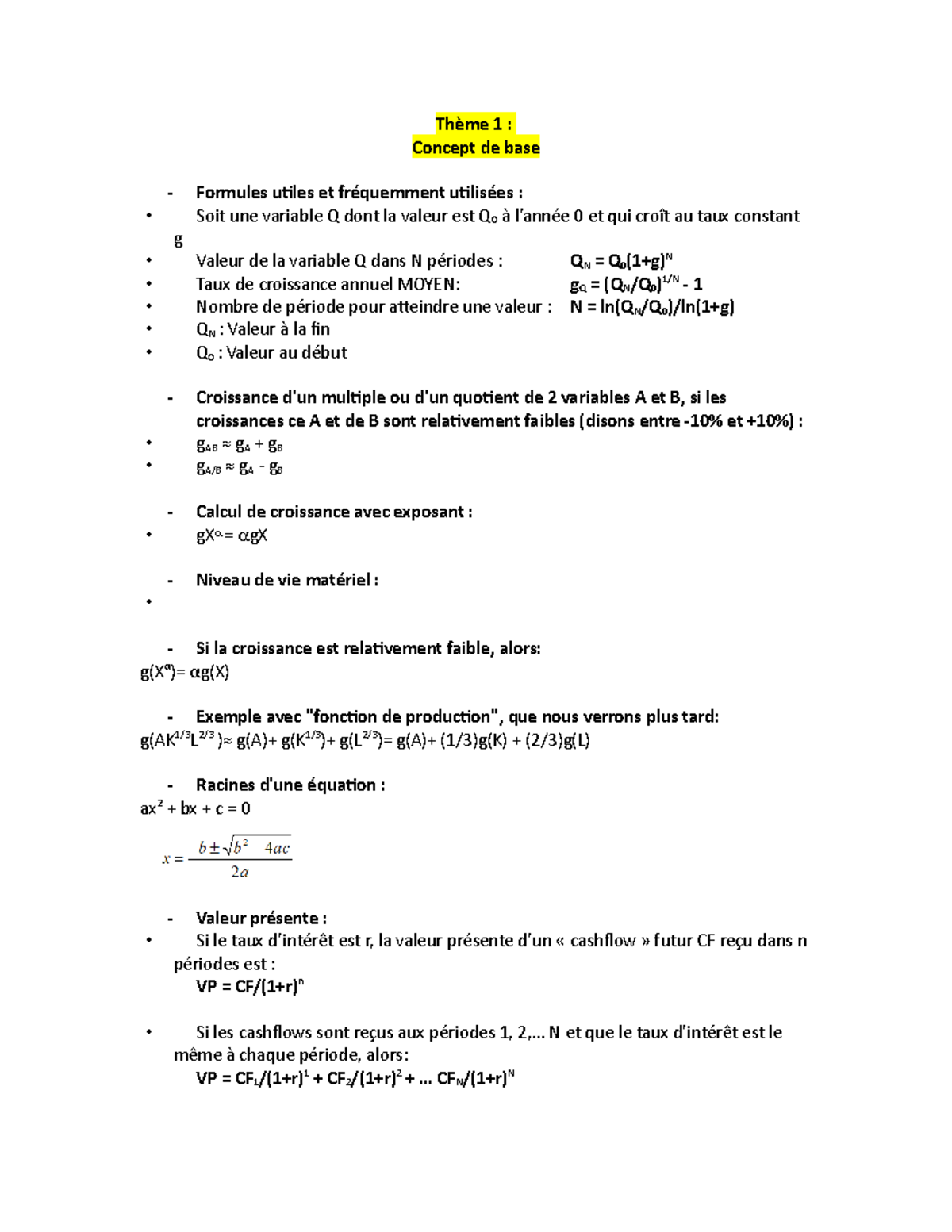 Résumé pré intra - Thème 1 : Concept de base Formules utiles et ...