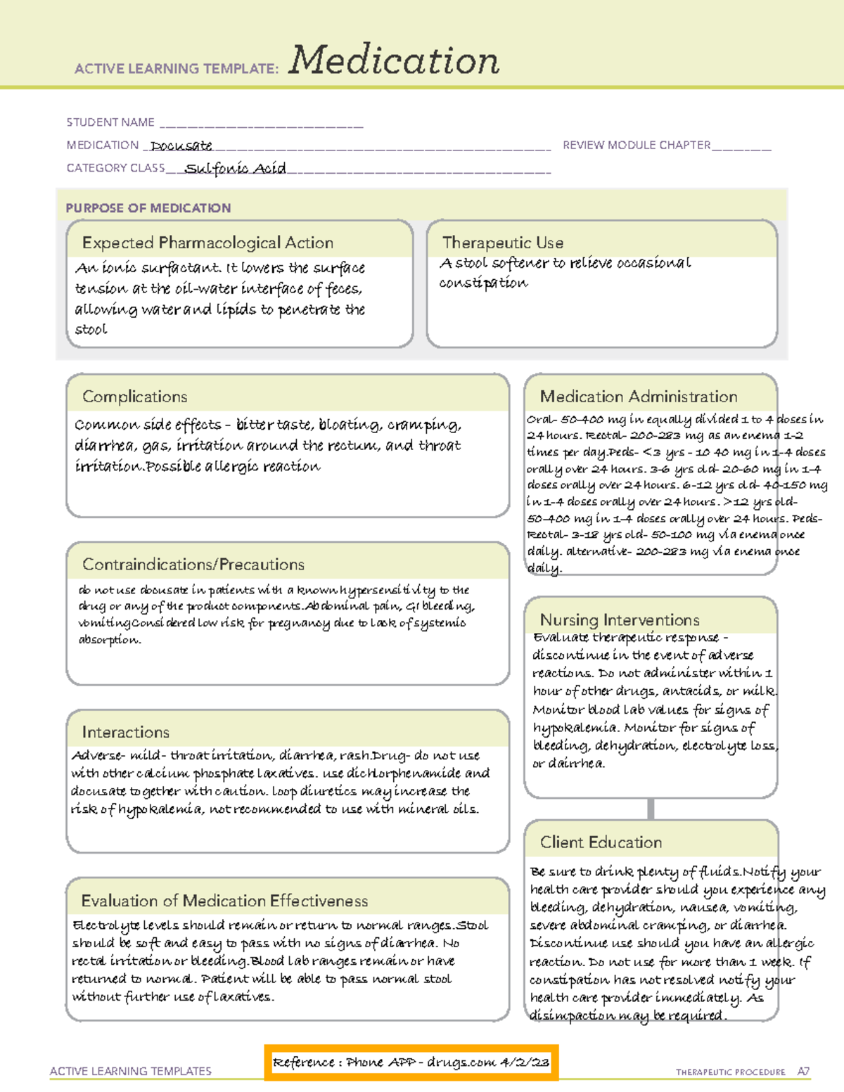 Docusate Medication Cards Active Learning Templates Therapeutic