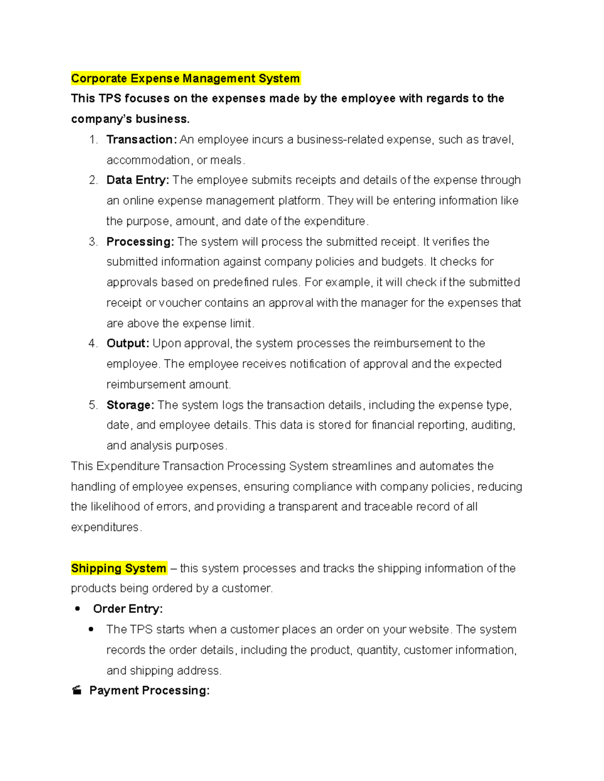 Example of TPS - transaction processing system - Corporate Expense ...