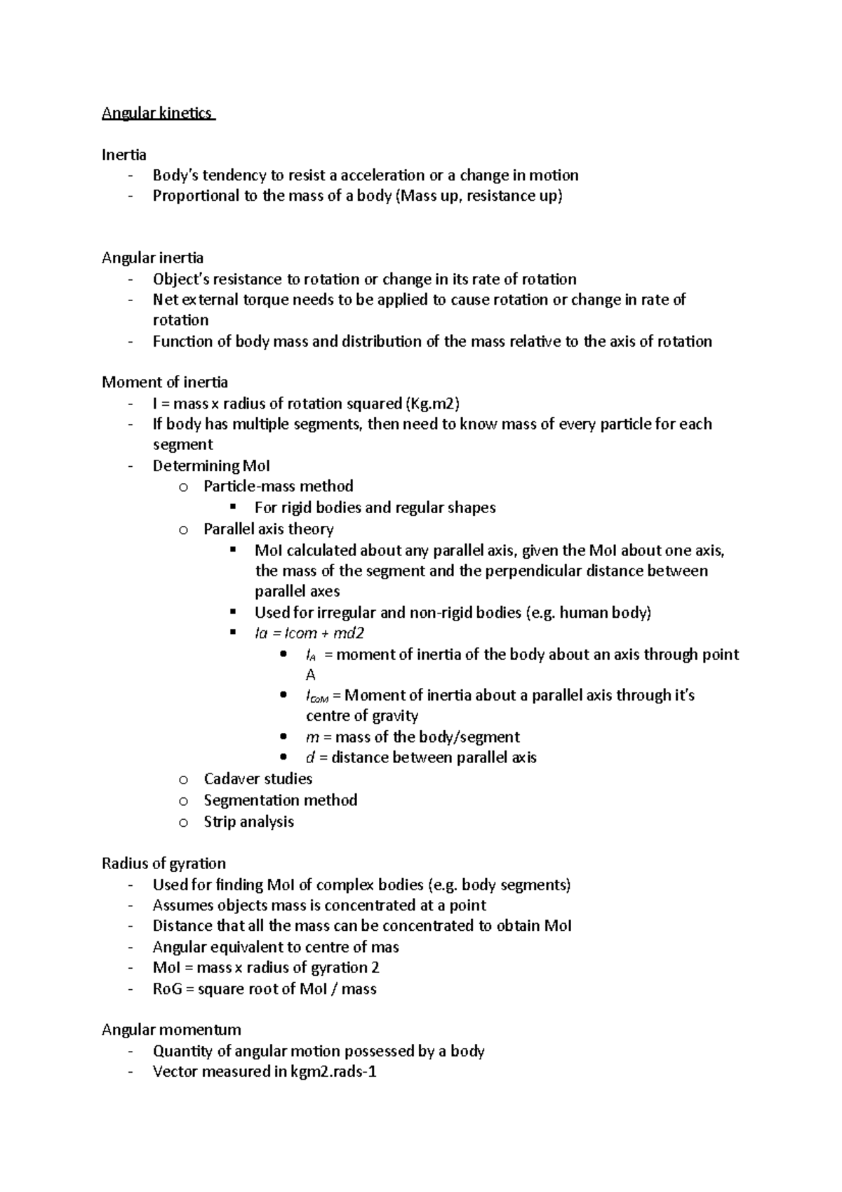 Angular Kinetics - Lecture Notes 1 - Angular Kinetics Inertia - Body’s ...