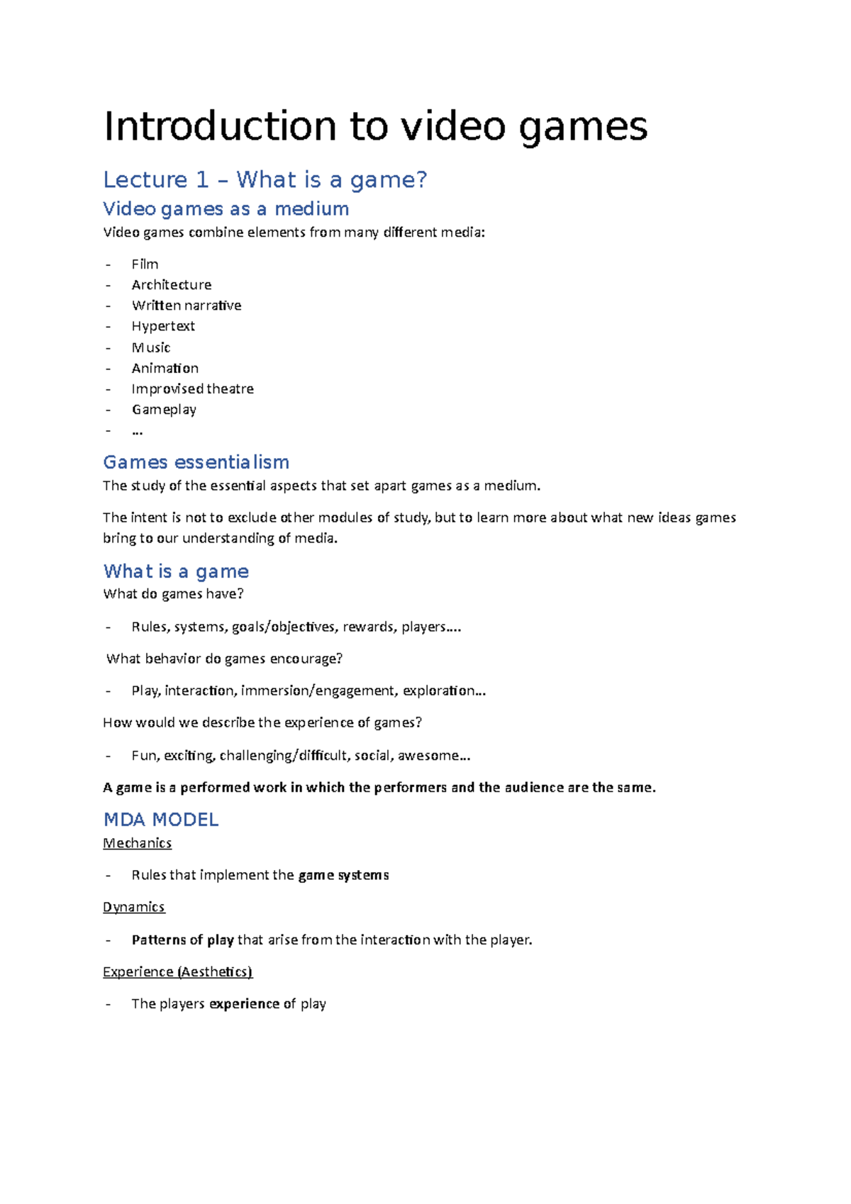 Introduction to video games lecture 1 - .. Games essentialism The study ...