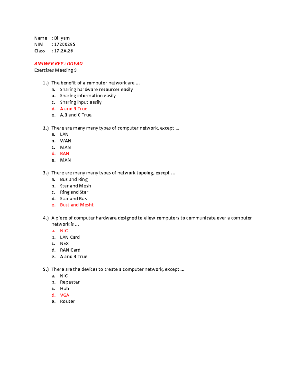 Exercise 9 - English Weekly Assignments - Name : Billyam NIM : 17200285 ...