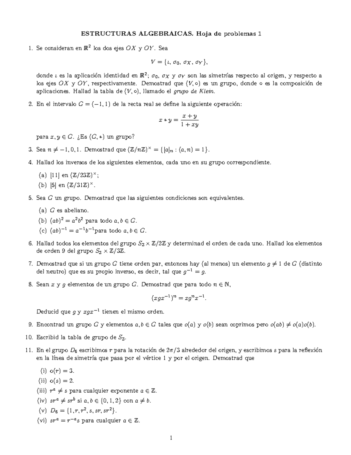 Hoja1 Ejercicios Estructuras Algebraicas Hoja De Problemas Se Consideran Enr Studocu