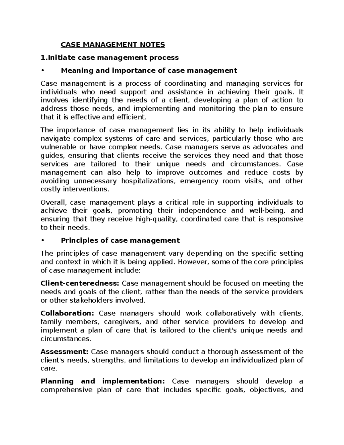 Case management complete notes - CASE MANAGEMENT NOTES 1 case ...