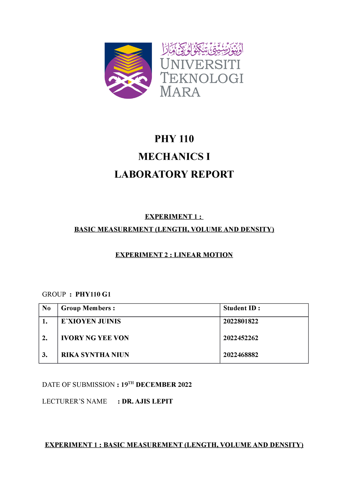 PHY110 Lab Report - PHY 110 MECHANICS I LABORATORY REPORT EXPERIMENT 1 ...