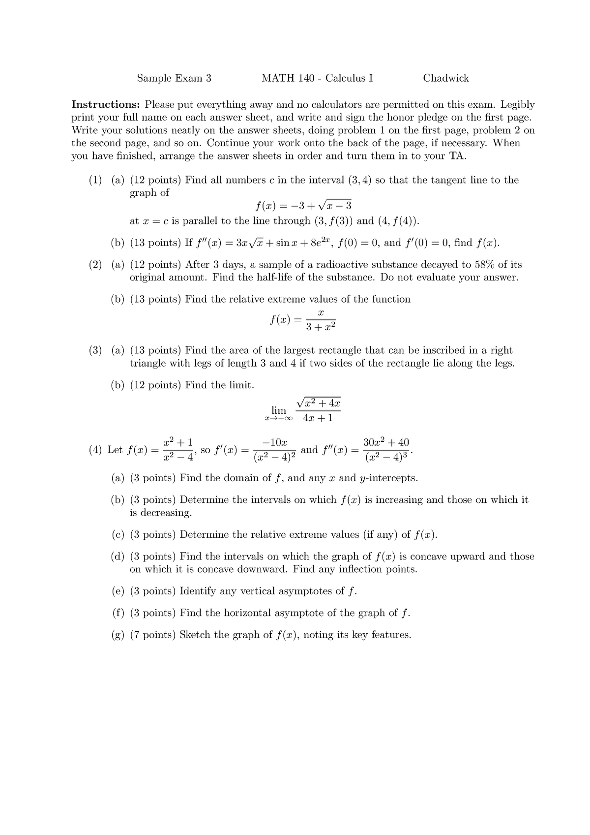 Sample exam3 math 140 - Sample Exam 3 MATH 140 - Calculus I Chadwick ...