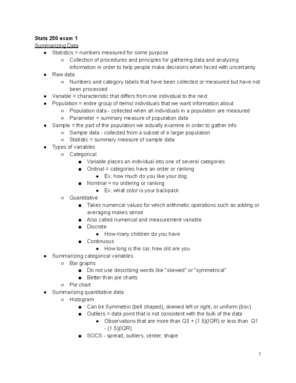 Stats 250 exam 1 exam 1 study guide Stats 250 exam 1 Summarizing