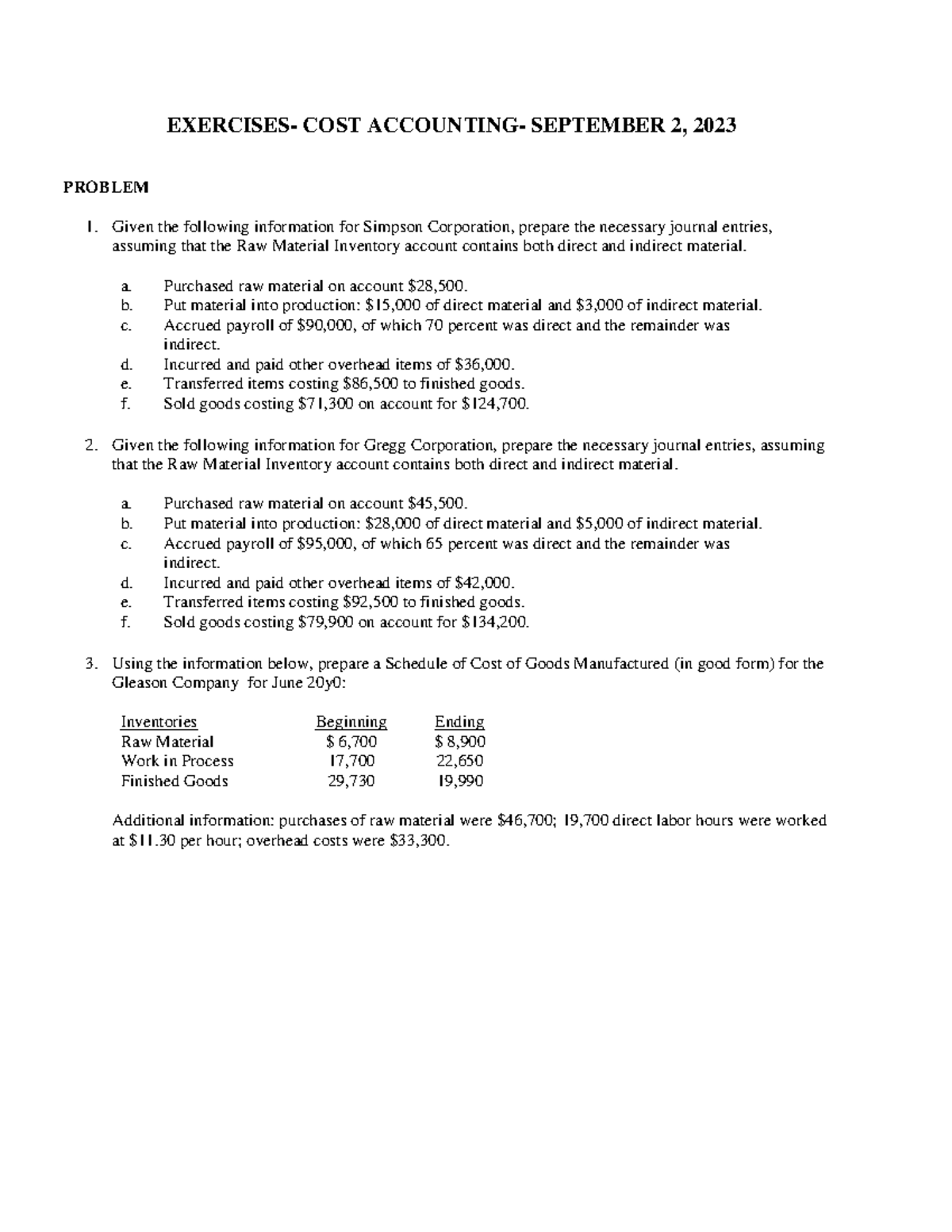 Cost accounting assignment 1 - EXERCISES- COST ACCOUNTING- SEPTEMBER 2 ...