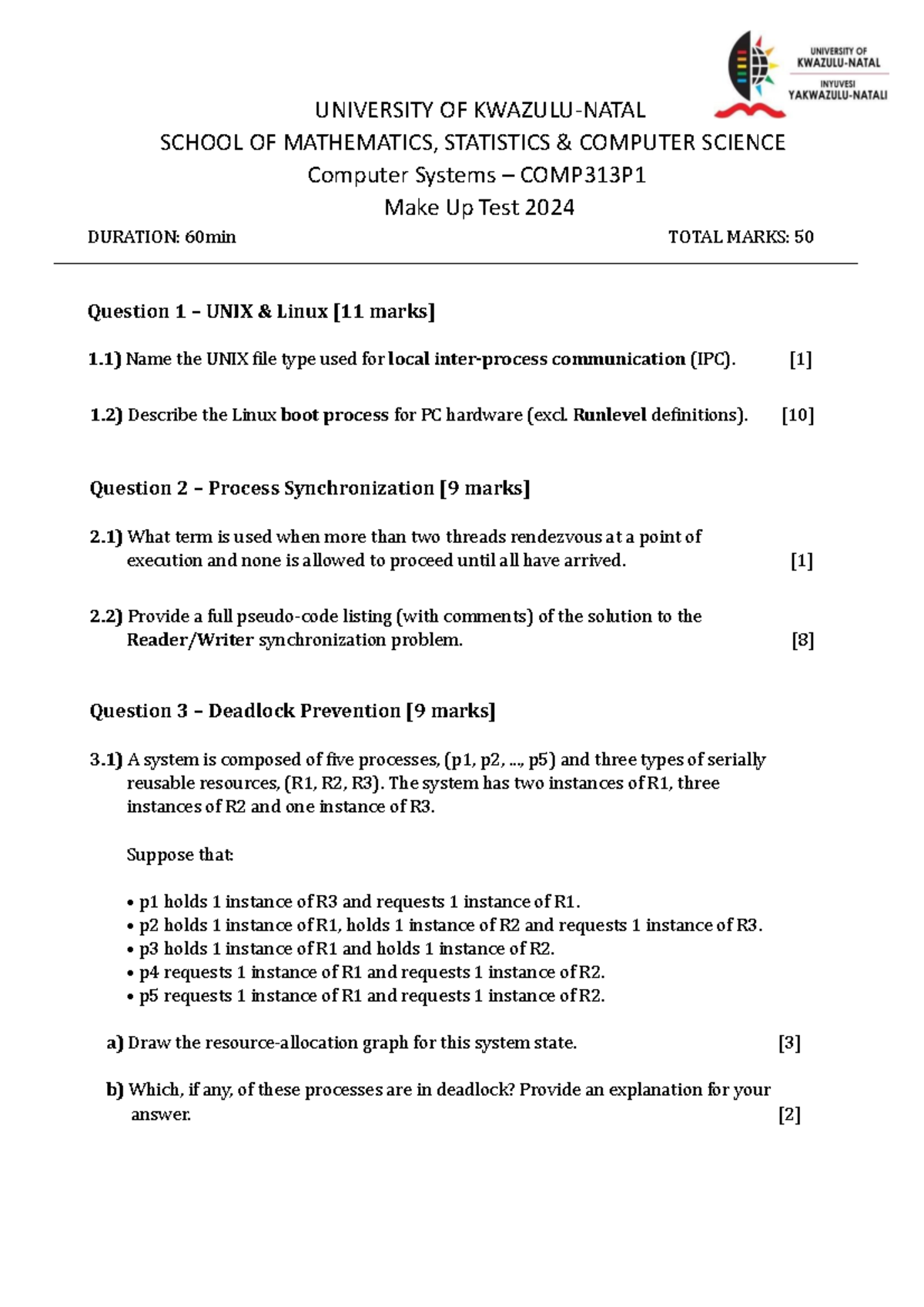 COMP313-2024-Make Up Test - UNIVERSITY OF KWAZULU-NATAL SCHOOL OF ...