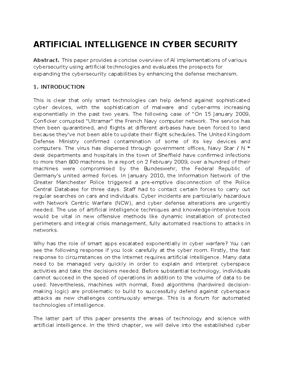 Artificial Intelligence IN Cyber Security - ARTIFICIAL INTELLIGENCE IN ...