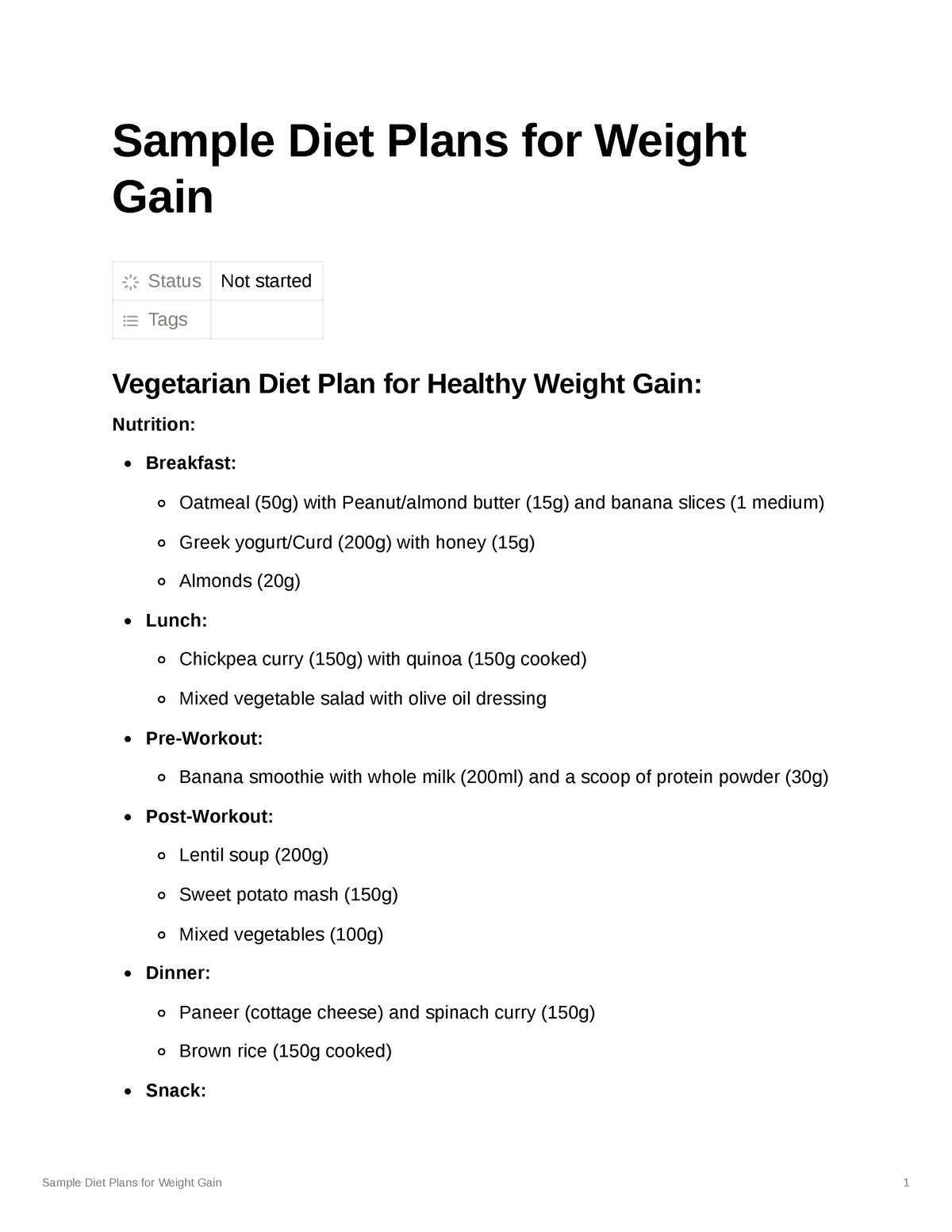 Sample Diet Plans for Weight Gain - Studocu