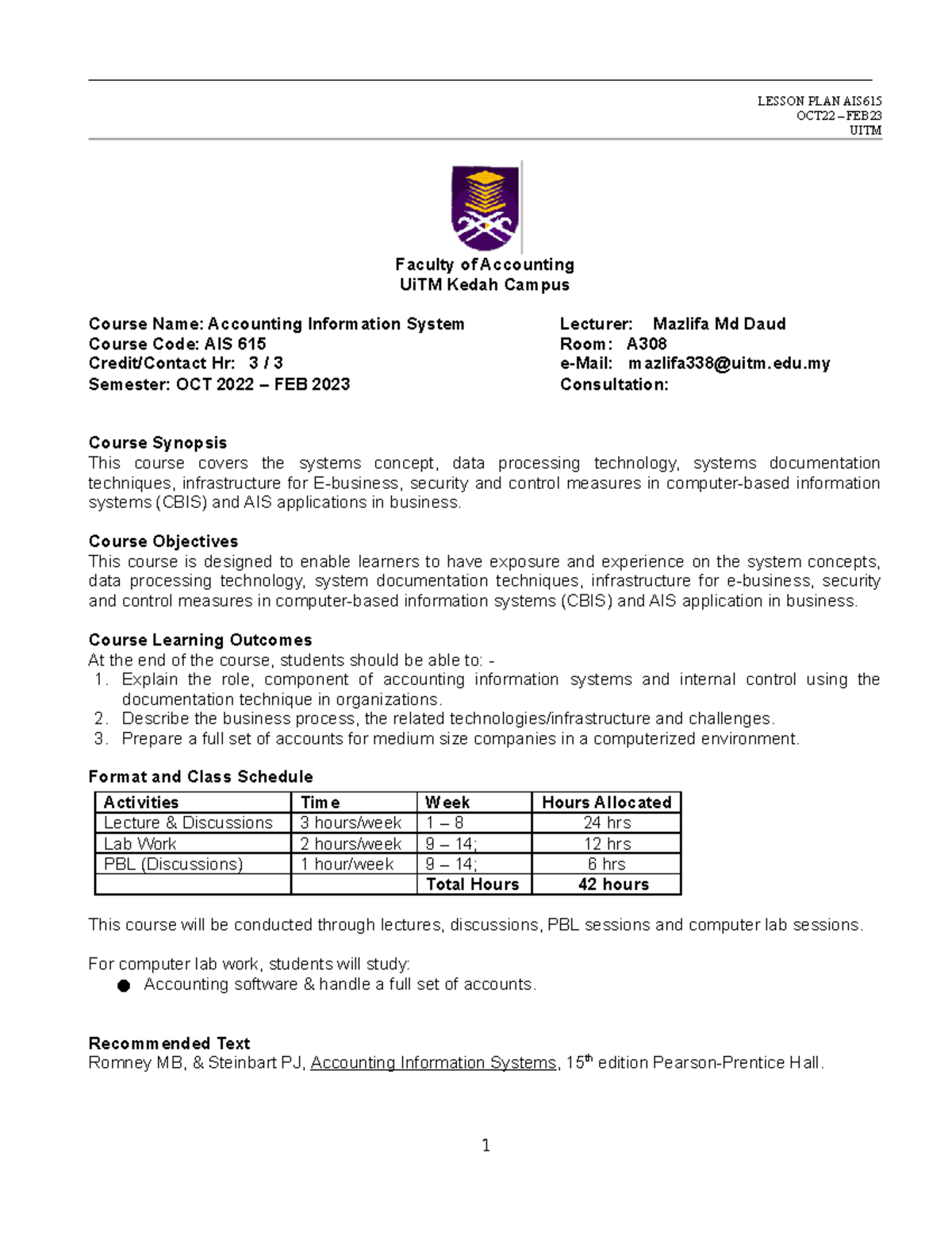 Kedah AIS615 Lesson PLAN OCT22 - LESSON PLAN AIS OCT22 – FEB UITM ...