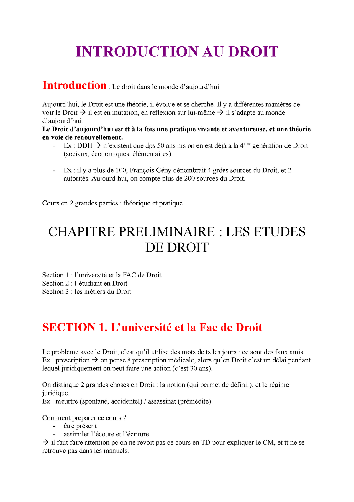 Introduction AU Droit - Notes De Cours 1 - INTRODUCTION AU DROIT - Studocu