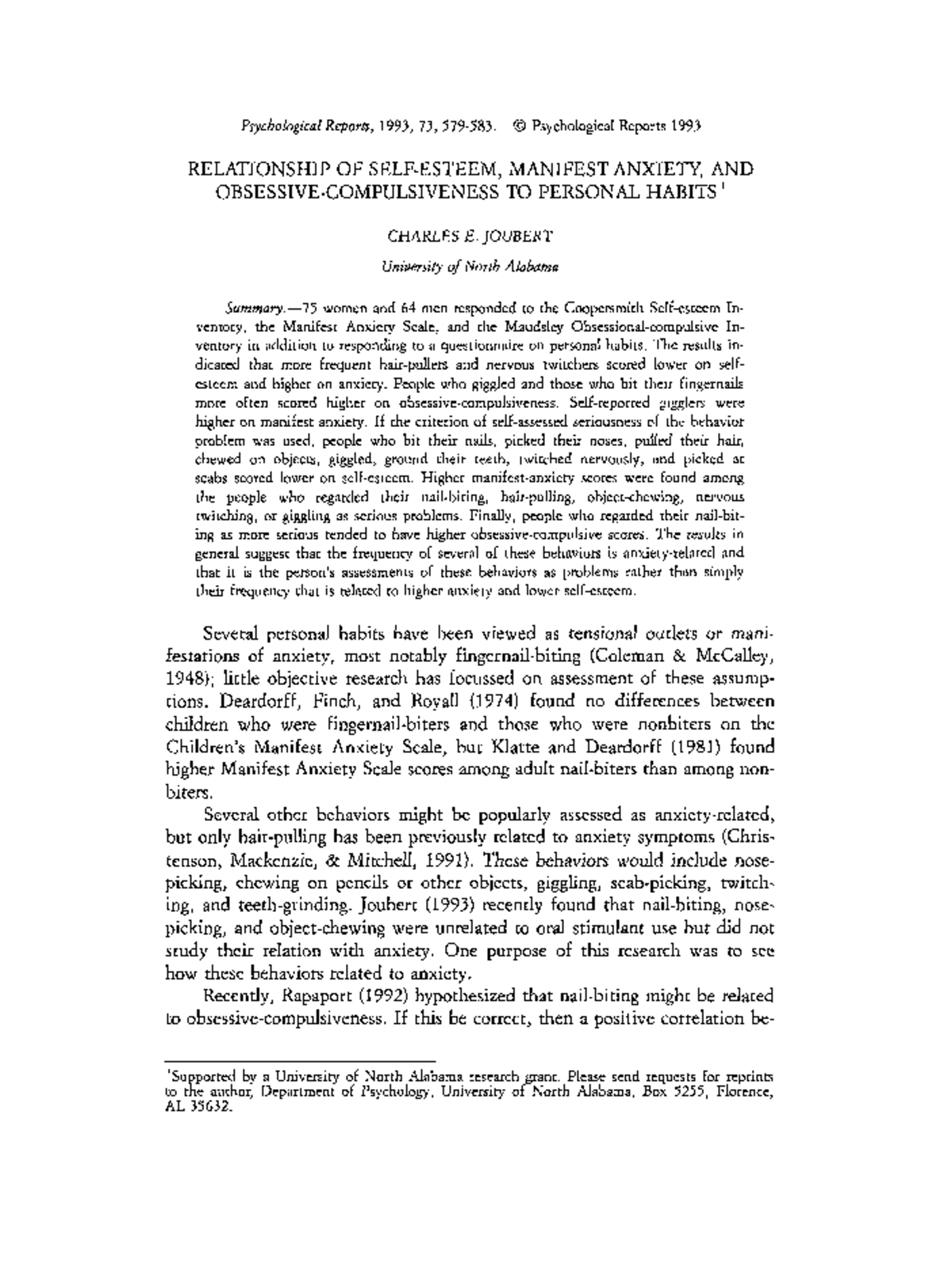 Relationship of Self-Esteem, Manifest Anxiety, and Obsessive ...