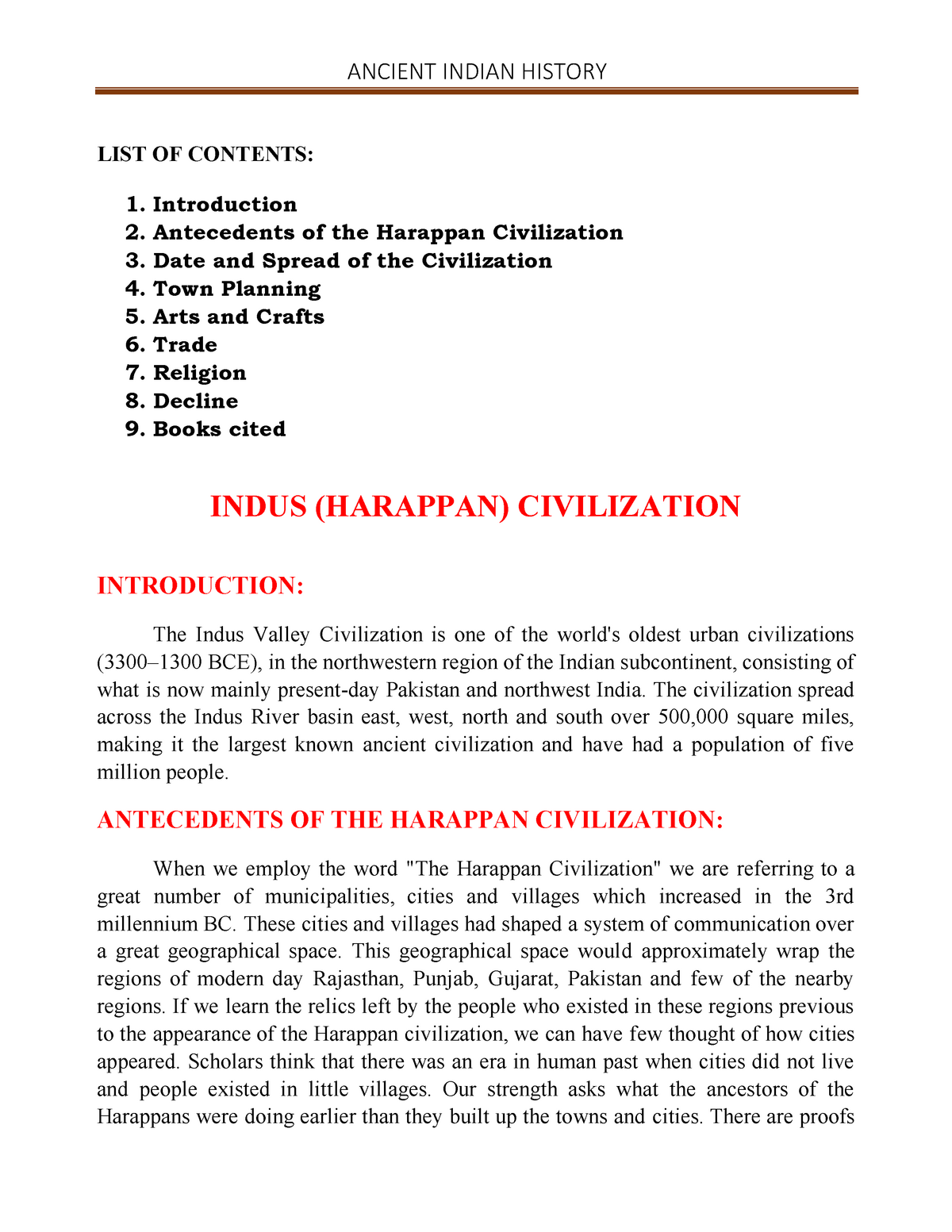 Harappan Civilization LIST OF CONTENTS 1. Introduction 2