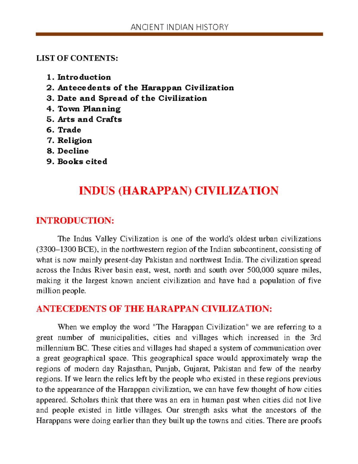 Harappan Civilization LIST OF CONTENTS 1. Introduction 2