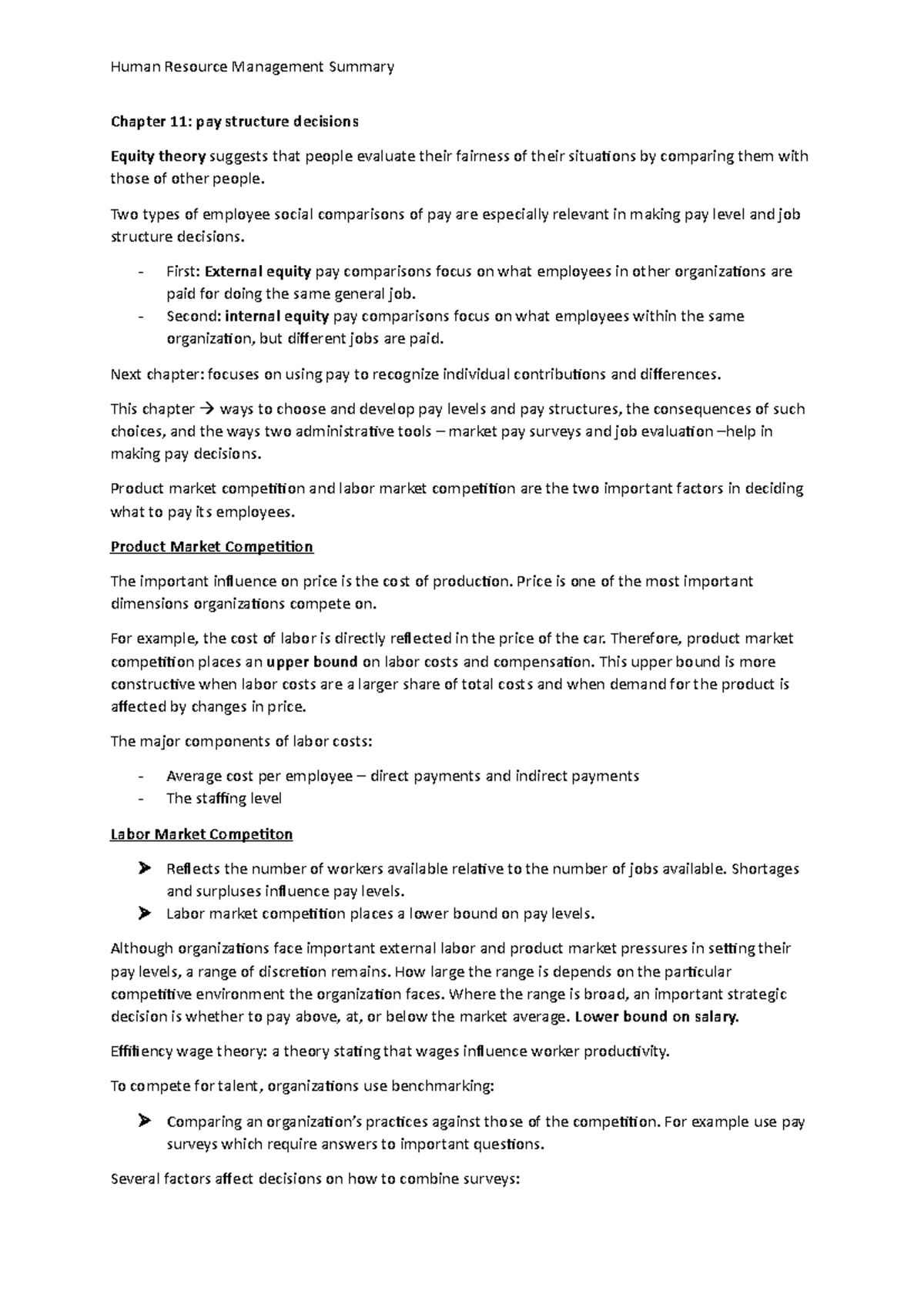 Summary Endterm - Chapter 11: Pay Structure Decisions Equity Theory ...