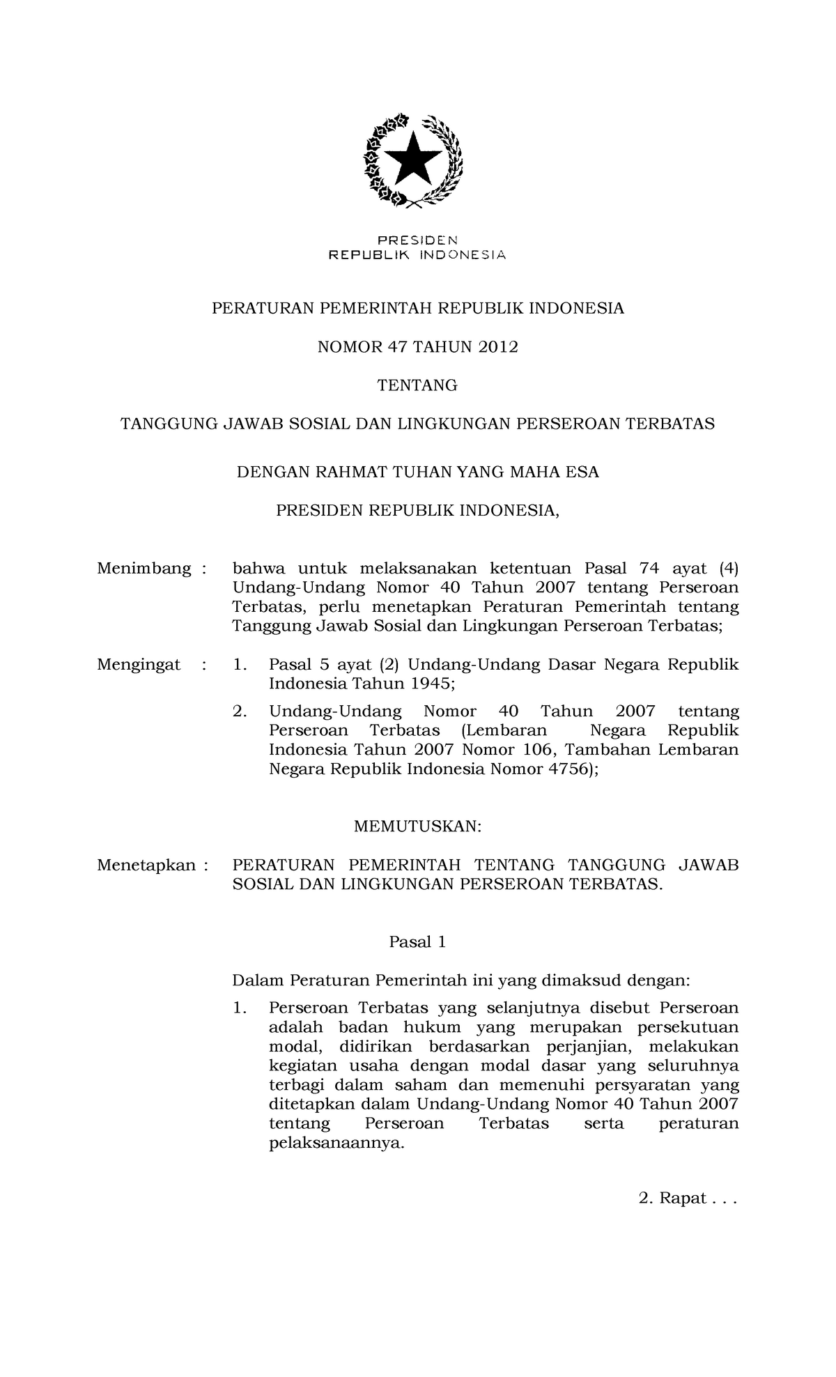 Peraturan Pemerintah Nomor 47 Tahun 2012 - Hukum Lingkungan - UGM - Studocu